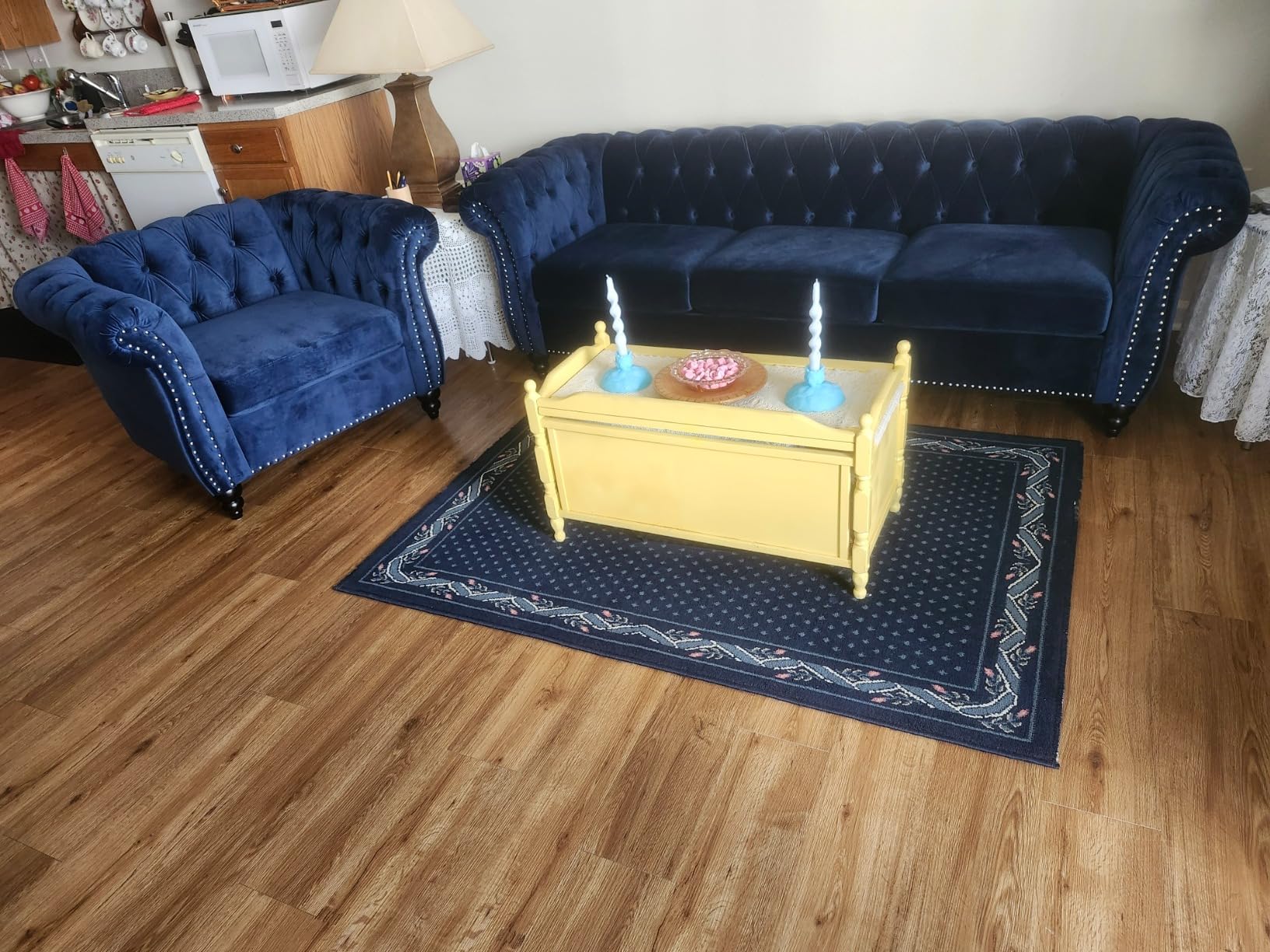 ONCIN Velvet Chesterfield Sofa, 84'' Modern Tufted 3 Seater Couch with Scroll Arms and Wood Legs for Living Room Bedroom (Blue) customer photo 1