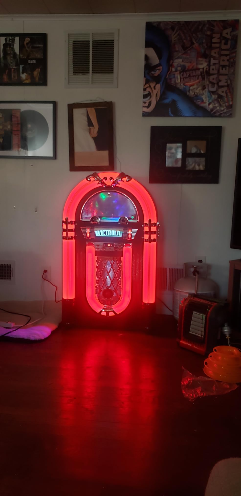 Victrola Mayfield - Full-Size Jukebox Bluetooth Record Player - Black Ash | Full-size 1950s jukebox, 3-speed turntable, FM radio, Bluetooth streaming, stereo speakers and subwoofer, LED lights, remote customer photo 1