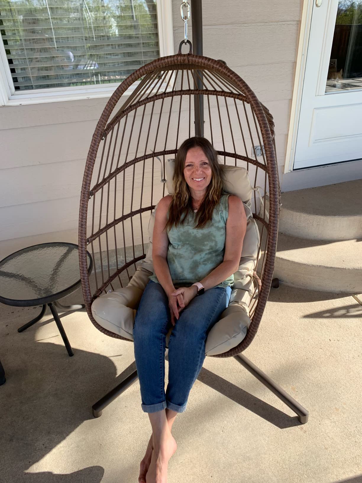 RADIATA Egg Chair Outdoor with Stand, 350 Lbs Heavy Duty Hanging Egg Chair with Padded Cushion, Foldable UV-Resistant Rattan Swing Hammock for Patio Backyard Balcony Pergola Garden Indoor, Beige customer photo 2