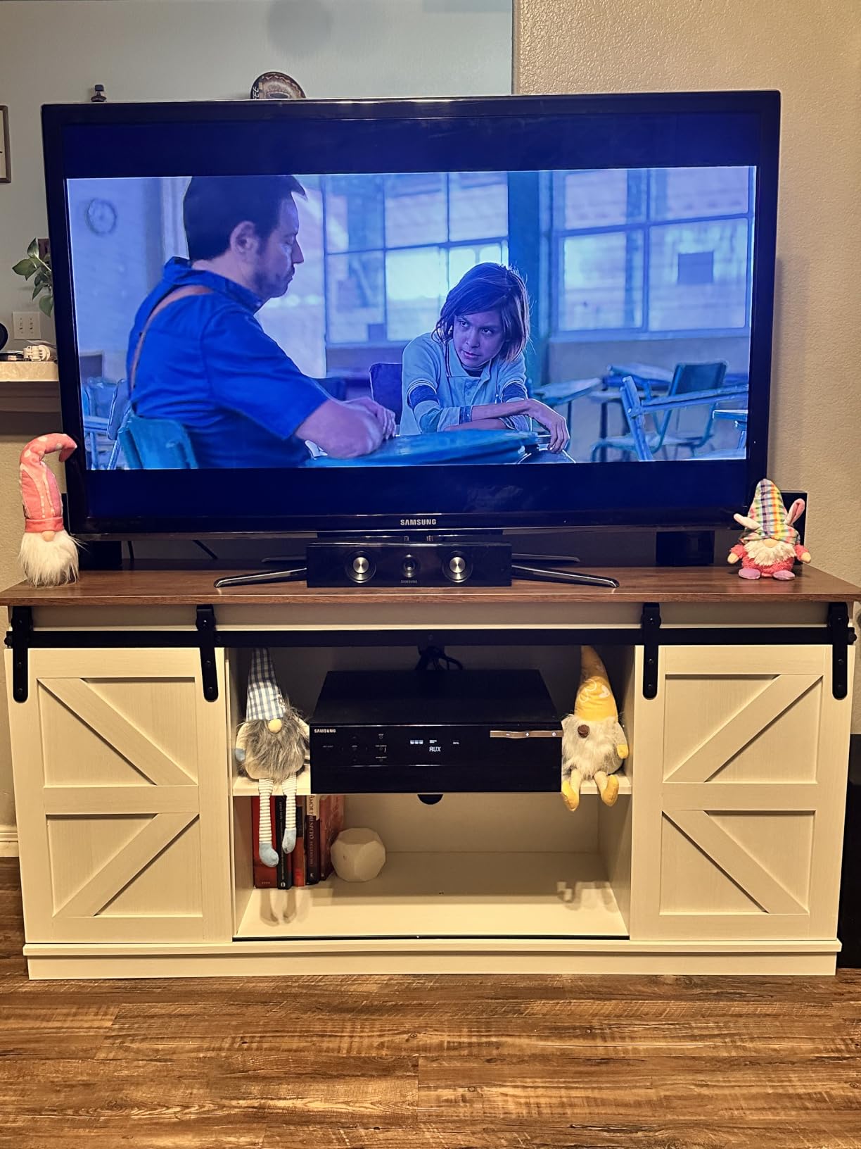 JUMMICO TV Stand for 65 Inch TV, Sliding Barn Doors, Bright White | Farmhouse Entertainment Center, Storage Cabinets, Adjustable Shelves, Media Console for Living Room, Bedroom customer photo 1
