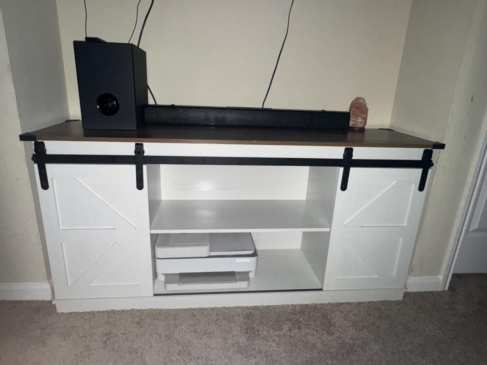 JUMMICO TV Stand for 65 Inch TV, Sliding Barn Doors, Bright White | Farmhouse Entertainment Center, Storage Cabinets, Adjustable Shelves, Media Console for Living Room, Bedroom customer photo 2
