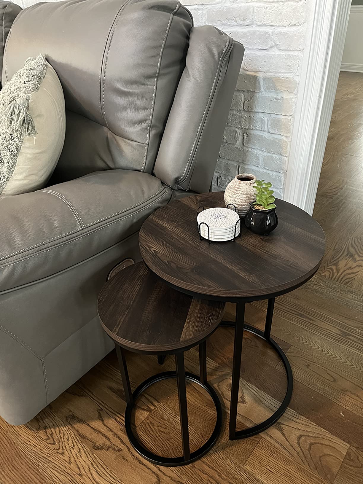 Nathan James Lula Nesting Round Side Set of 2, Accent End Table for Living Room with Wood or Marble Finish Tabletop and Metal Base, Nutmeg/Black customer photo 2