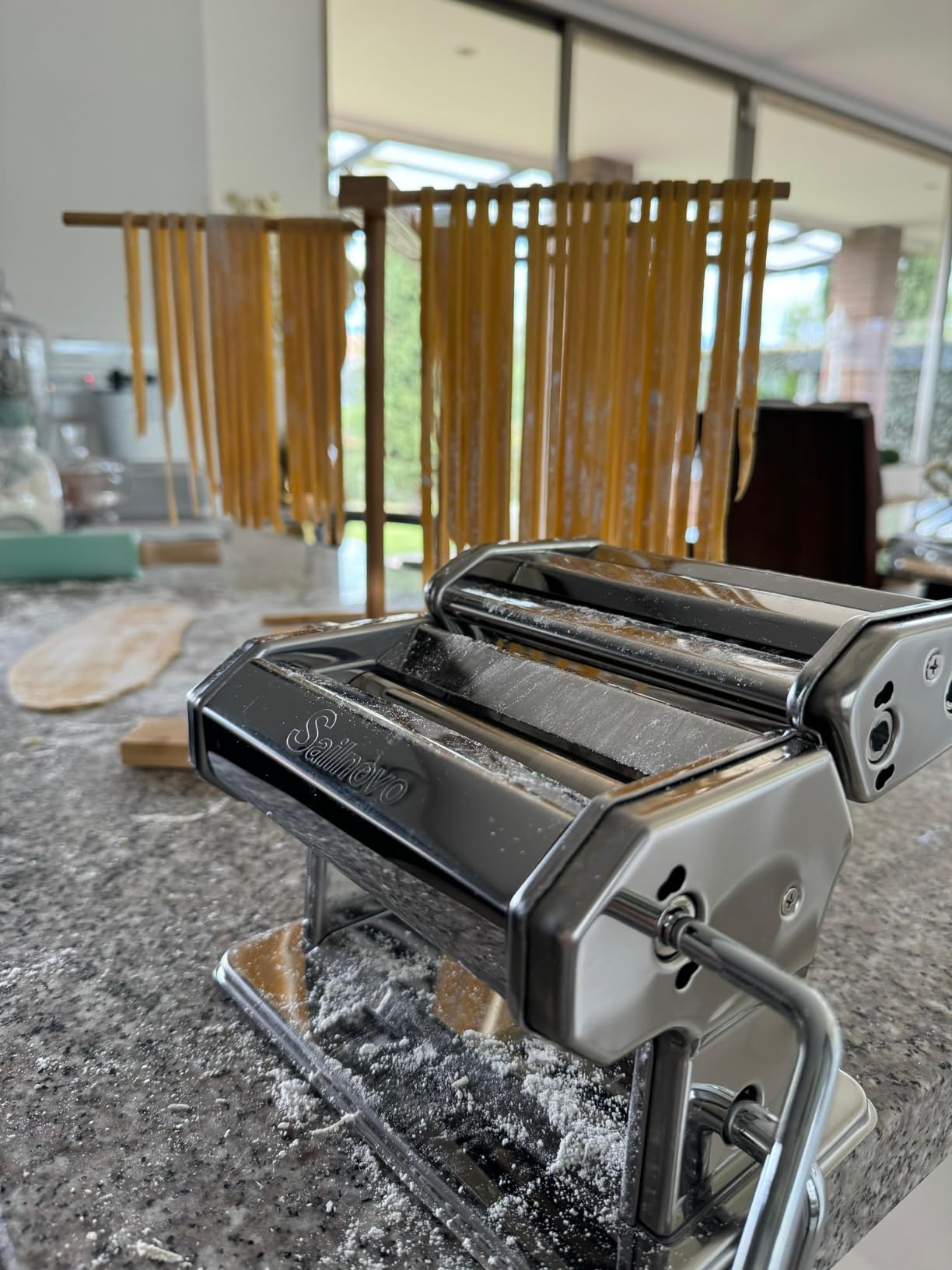 Bamboo Pasta Drying Rack with Transfer Wand and 12 Bars, Easy to Transfer for Drying Pasta and Cooking, Special Suspension Design for Large Storage customer photo 1