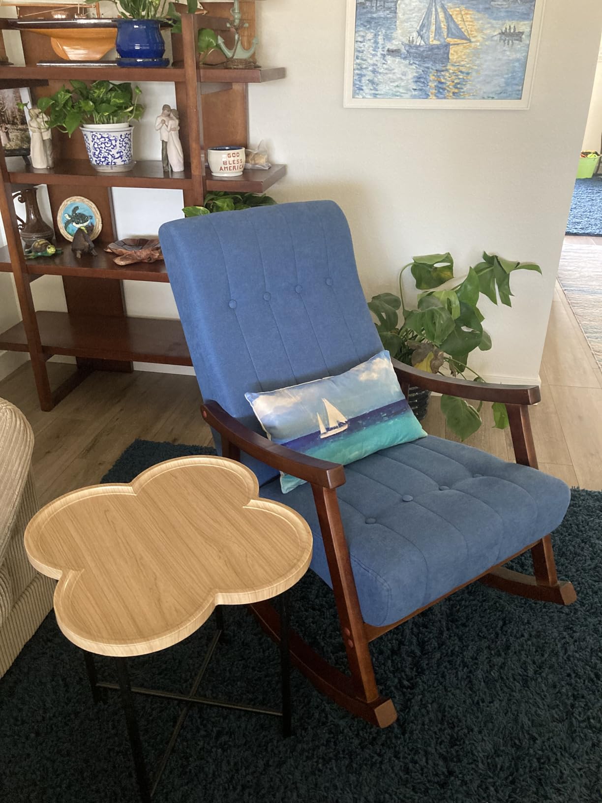 AVAWING Rocking Chair, Blue Upholstered High Back Solid Wood Armchair | Soft Fabric Padded Seat; Sturdy Solid Wood Frame; Ergonomic High Back; For Adults; Easy Assembly; Living Room Bedroom Leisure customer photo 1