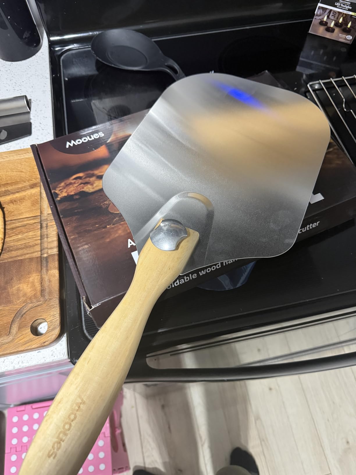 Mooues Pizza Peel Aluminum 12 inch Pizza Spatula with Rocker Cutter | Metal Pizza Paddle (12