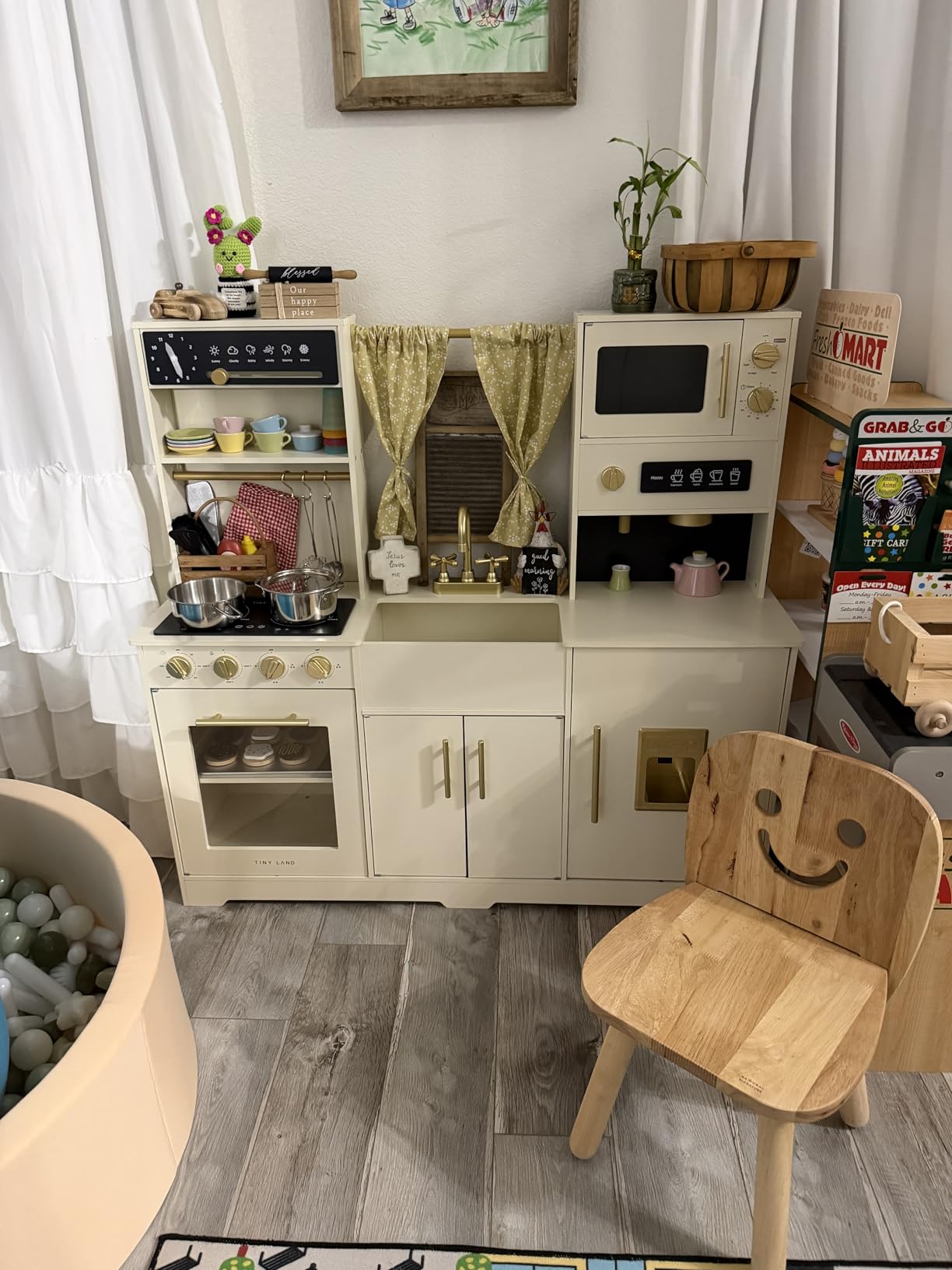 Tiny Land Play Kitchen for Kids, Toy Kitchen Set with Plenty of Play Features, New Modern Kids Wooden Play Kitchen Designed in Trendy Home Style with Curtains, Gift for Ages 3+ customer photo 2