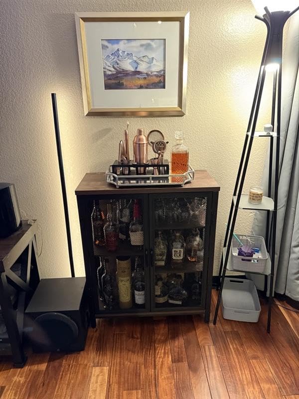BON AUGURE Coffee Bar Cabinet, Small Liquor Cabinet Station, Rustic Oak | Industrial Storage Cabinet, Adjustable Shelves, Farmhouse Sideboard Buffet for Home Kitchen, Dining, Entryway, Living Room customer photo 1