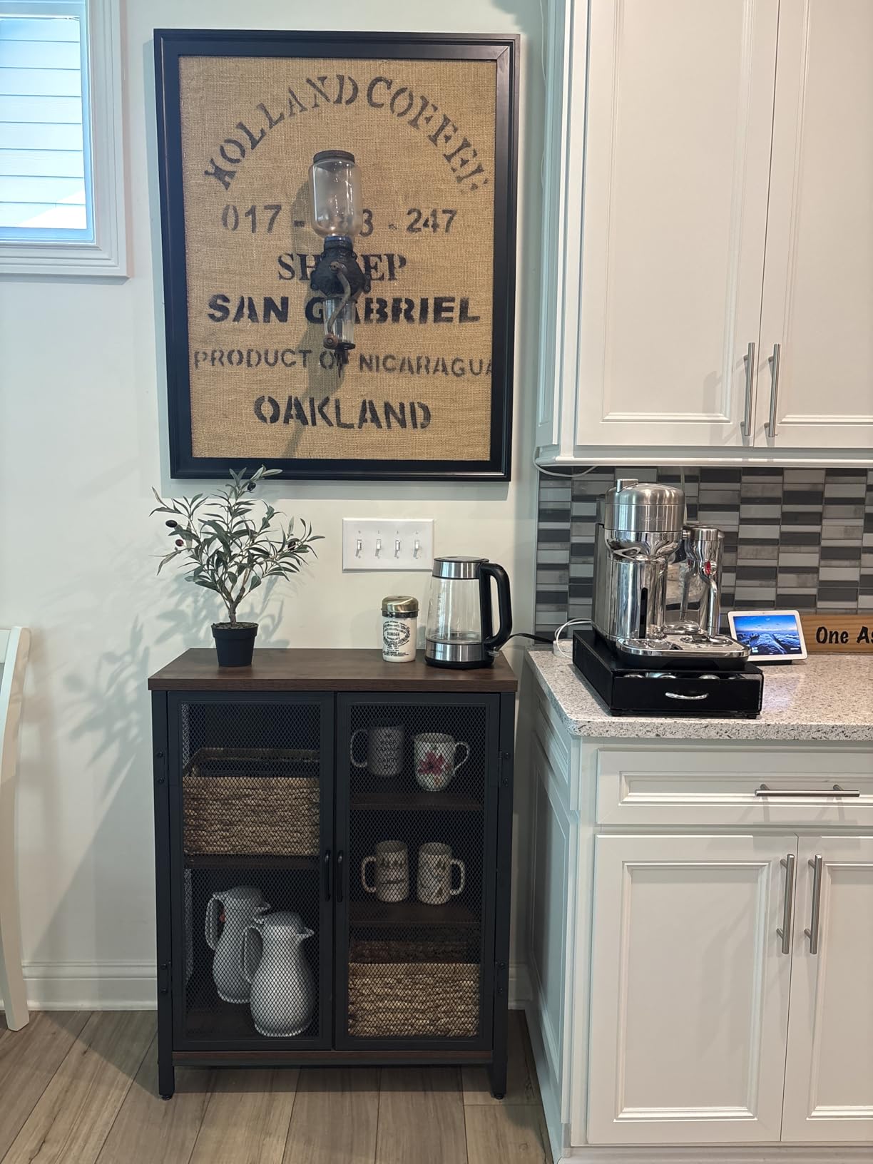 BON AUGURE Coffee Bar Cabinet, Small Liquor Cabinet Station, Rustic Oak | Industrial Storage Cabinet, Adjustable Shelves, Farmhouse Sideboard Buffet for Home Kitchen, Dining, Entryway, Living Room customer photo 2