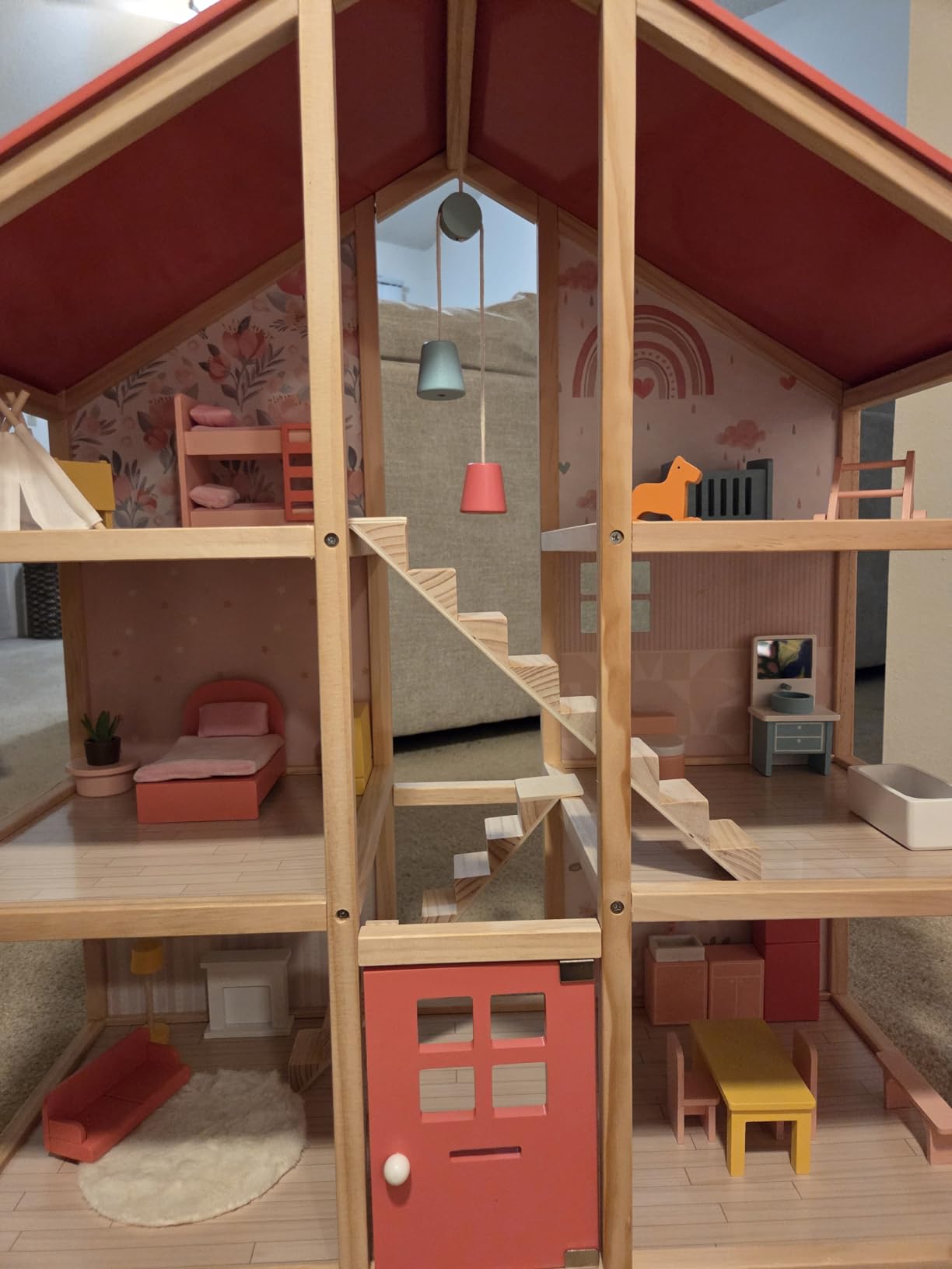 Tiny Land Wooden Dollhouse for Girls - 6 Rooms Wooden Doll House | DIY Pretend Doll House with 31Pcs Furniture Accessories, Creative Gift for Girl Ages 3+, Pink customer photo 1