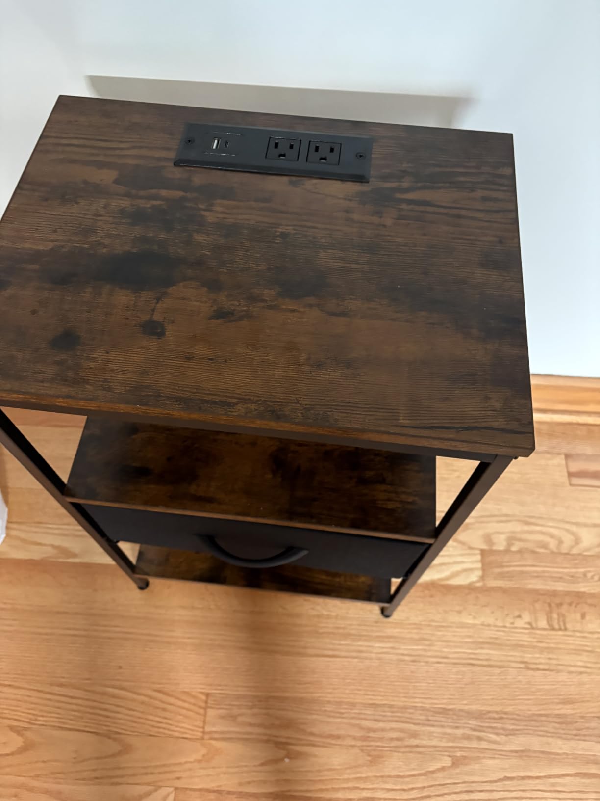 SUPERJARE Nightstand with Charging Station, Bed Side Table with Adjustable Fabric Drawer, Night Stand for Bedroom, 3-Tier Storage End Table, for Living Room, Rustic Brown and Black customer photo 1