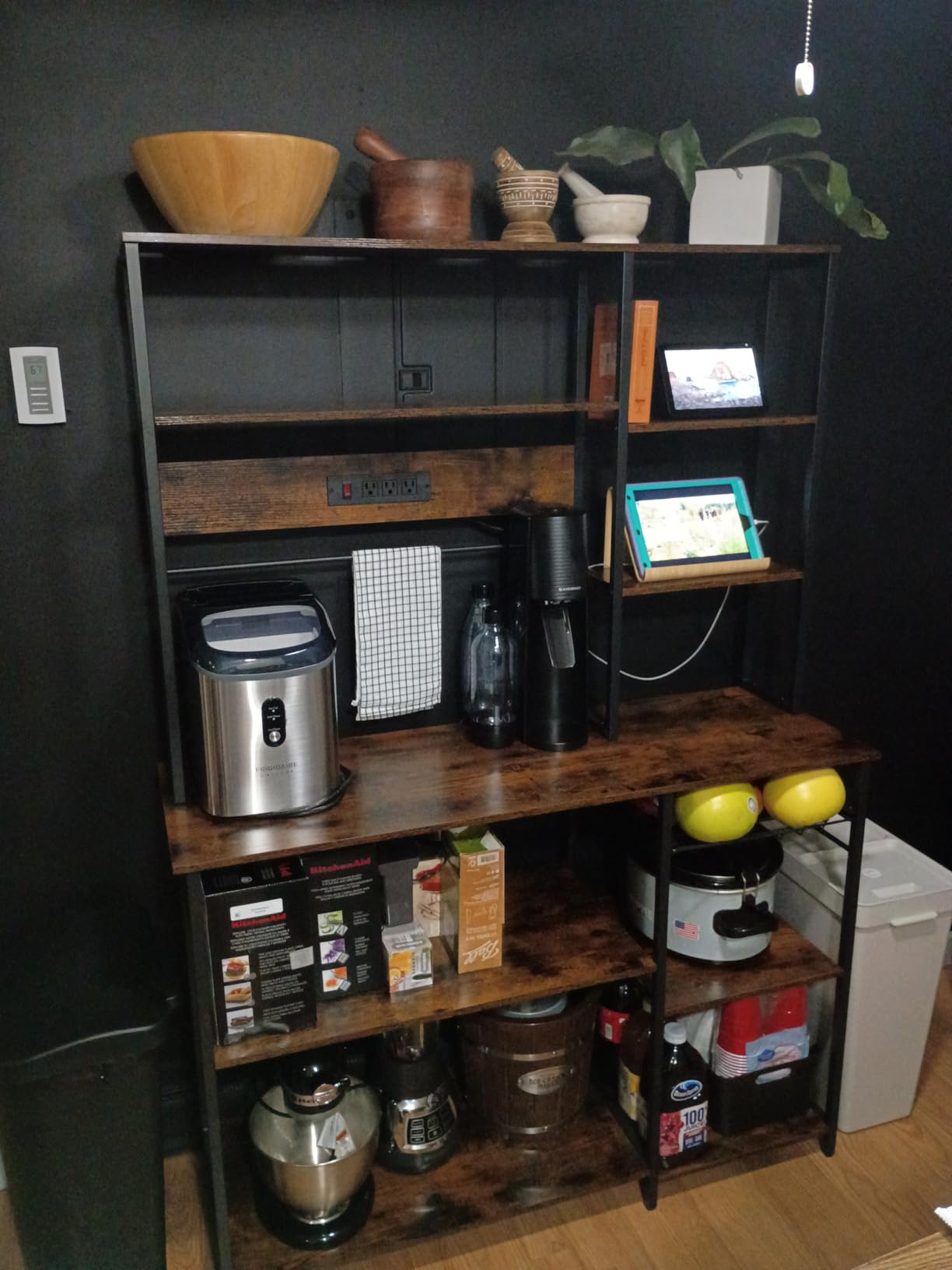 SUPERJARE Large Bakers Rack with Power Outlets, 39.6 Inches Microwave Stand, Coffee Bar with 6-Tier Storage, 12 S-Shaped Hooks, Kitchen Shelf with Wire Basket, Rustic Brown customer photo 2