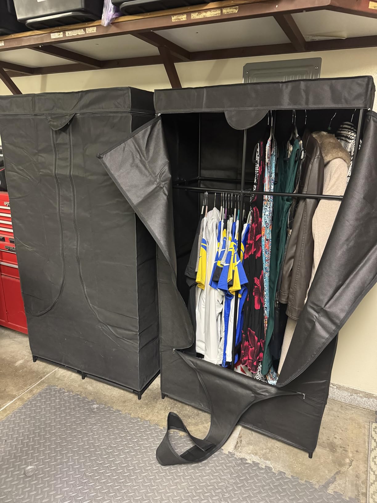 SORCEDAS Portable Wardrobe Closet Storage Organizer Metal Hanging Rack Non-Woven Fabric 34 Inch Black customer photo 2