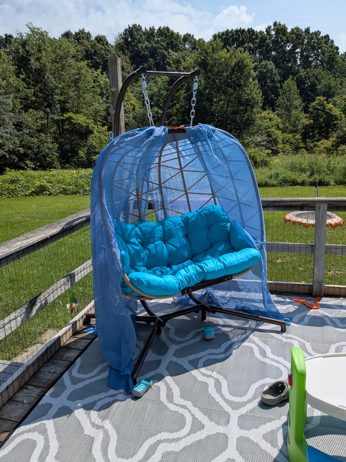 Double Swing Egg Chair with Stand, Extra Large 2 Person Indoor Outdoor Wicker Loveseat, Oversized Patio Hanging Basket Chair with Cushions, Cozy Sturdy Porch Swing for Backyard Balcony, Beige customer photo 1