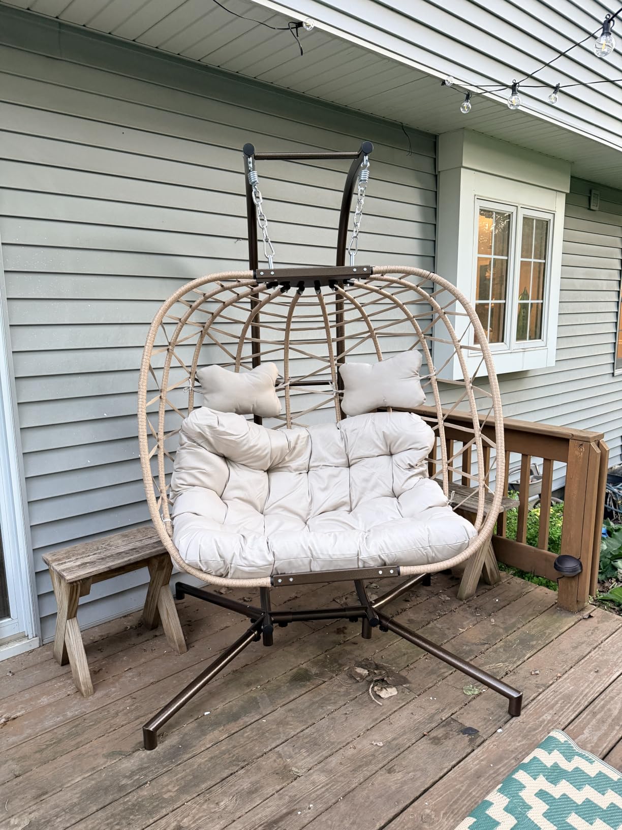 Double Swing Egg Chair with Stand, Extra Large 2 Person Indoor Outdoor Wicker Loveseat, Oversized Patio Hanging Basket Chair with Cushions, Cozy Sturdy Porch Swing for Backyard Balcony, Beige customer photo 2