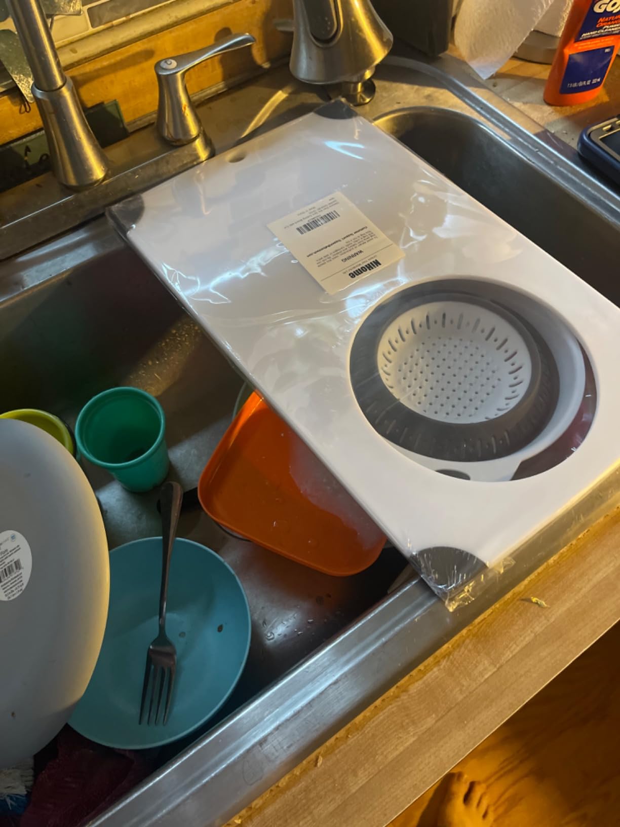 NiHome Over Sink Cutting Board with Collapsible Colander, Non-Slip 11x17.7in | Detachable Strainer Basket with Ergonomic Handle for Easy Hand Wash and Space-Saving Kitchen Storage customer photo 2