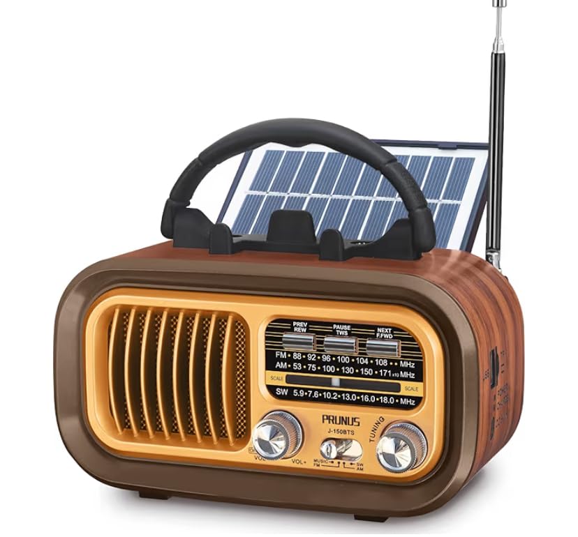 PRUNUS J-150 Portable Radio AM FM SW Bluetooth Speaker, TF Card/USB Playback | Retro Radios Vintage Transistor, Solar/D Battery Operated/USB Charging, TWS customer photo 2