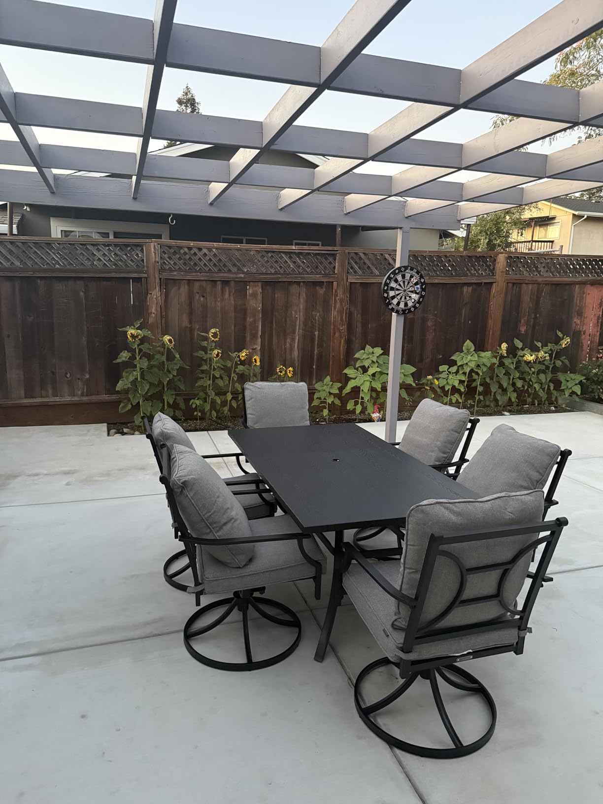 Grand patio 7-Piece Patio Dining Set for 6 with Swivel Patio Chairs | E-coated patio set with 6 Olefin cushioned swivel chairs and rectangular faux wood table with 1.5