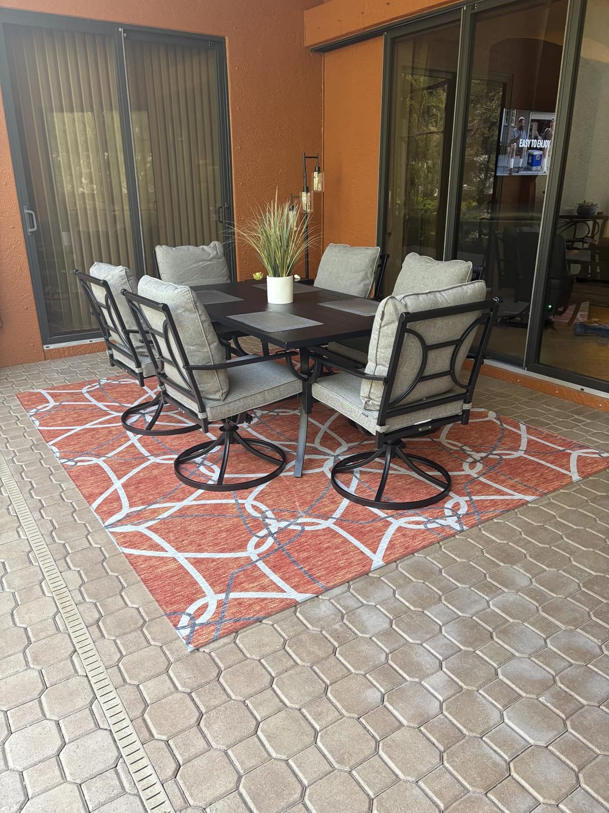 Grand patio 7-Piece Patio Dining Set for 6 with Swivel Patio Chairs | E-coated patio set with 6 Olefin cushioned swivel chairs and rectangular faux wood table with 1.5