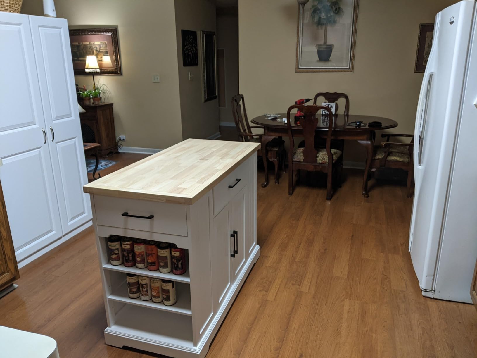 Yaheetech Rolling Kitchen Island Cart with 3 Drawers, Kitchen Storage Cabinet on Wheels with Open Shelves and Inner Adjustable Shelves for Dining Room/Living Room, Thicker Rubberwood Top, White customer photo 2