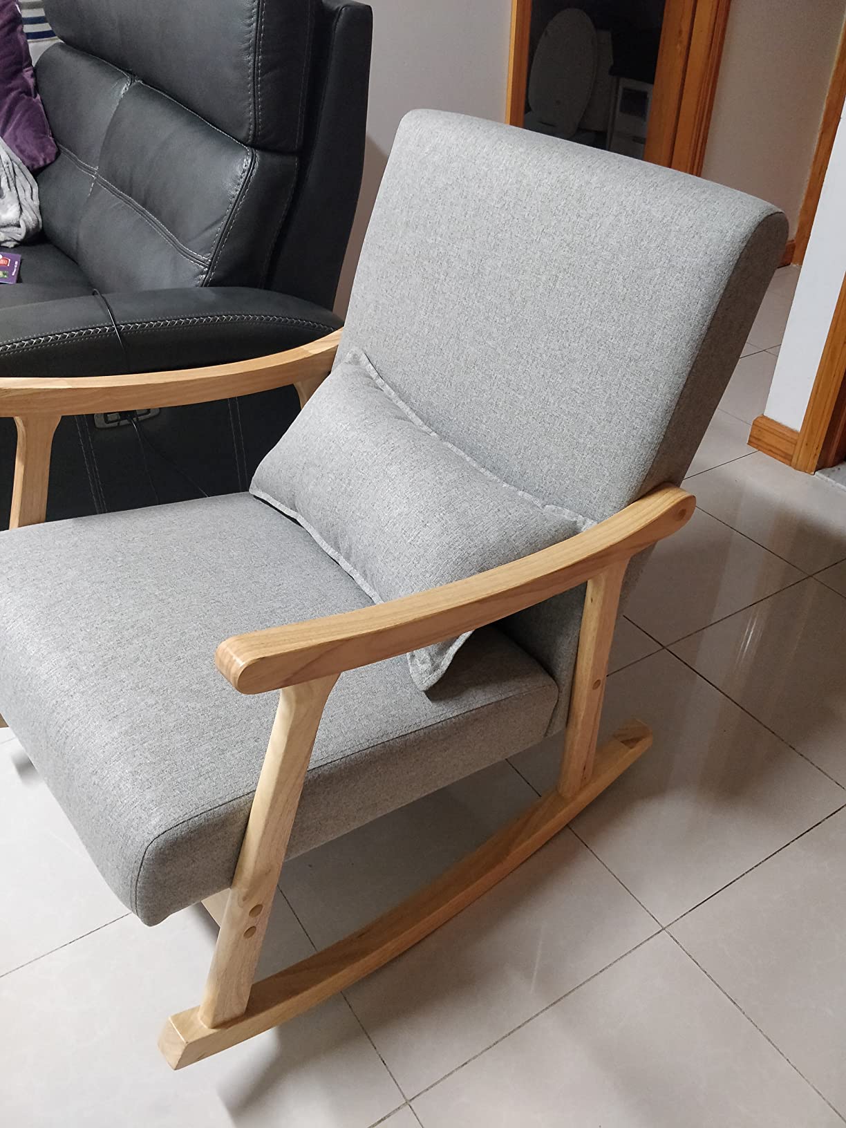 Giantex Upholstered Rocking Chair - Modern Rocker with Rubber Wood Frame, Comfy Backrest & Seat, PP Padded Pillow, Single Rocking Chair for Living Room, Nursery, Bedroom, Lounge, Office, Grey customer photo 1