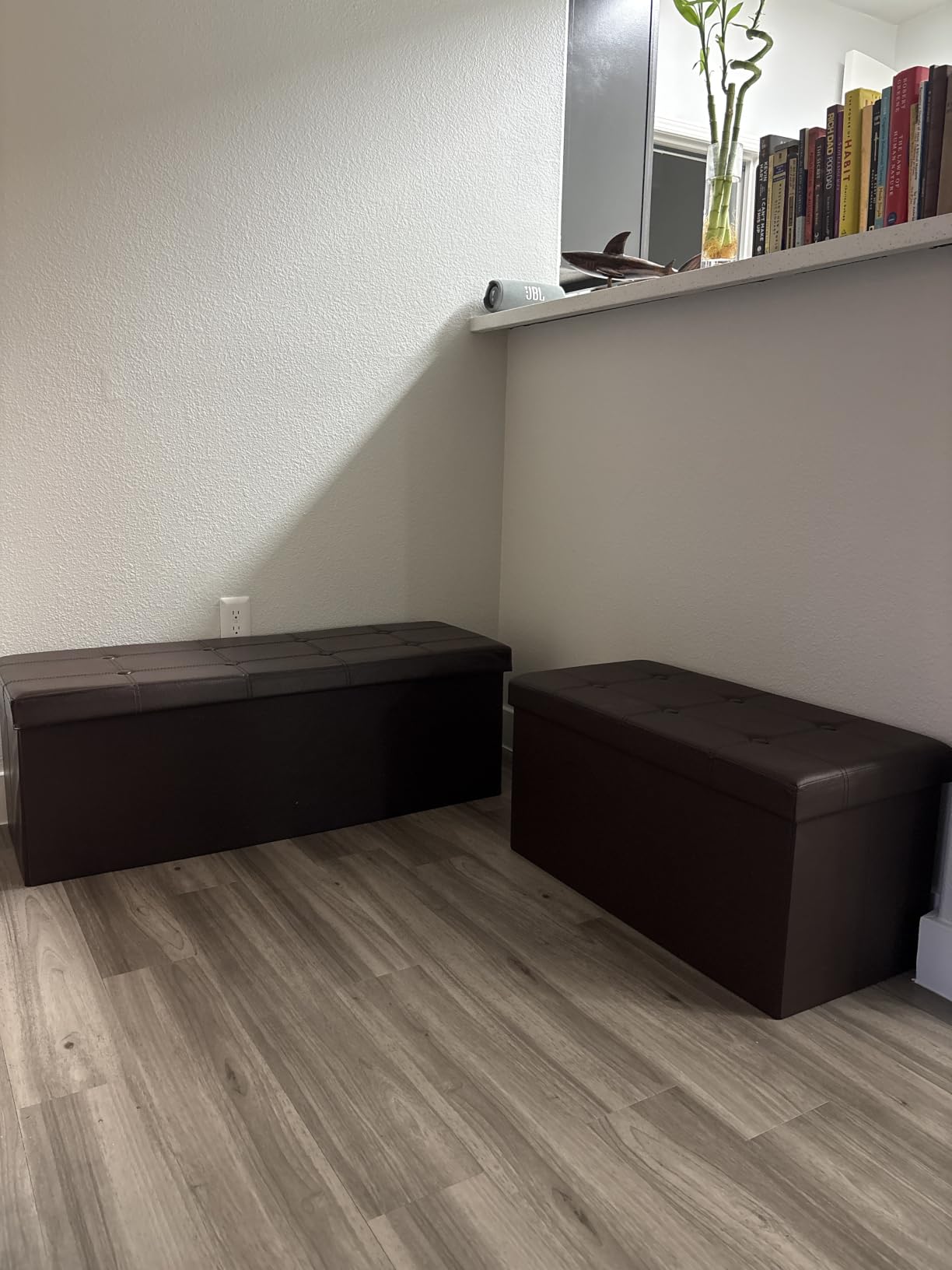 SONGMICS Mazie Collection - 43 Inches Folding Storage Ottoman Bench, Ottoman with Storage, Foot Rest Stool, Load 660 lb, Living Room, Bedroom, Entryway, Synthetic Leather, Coffee Brown customer photo 2