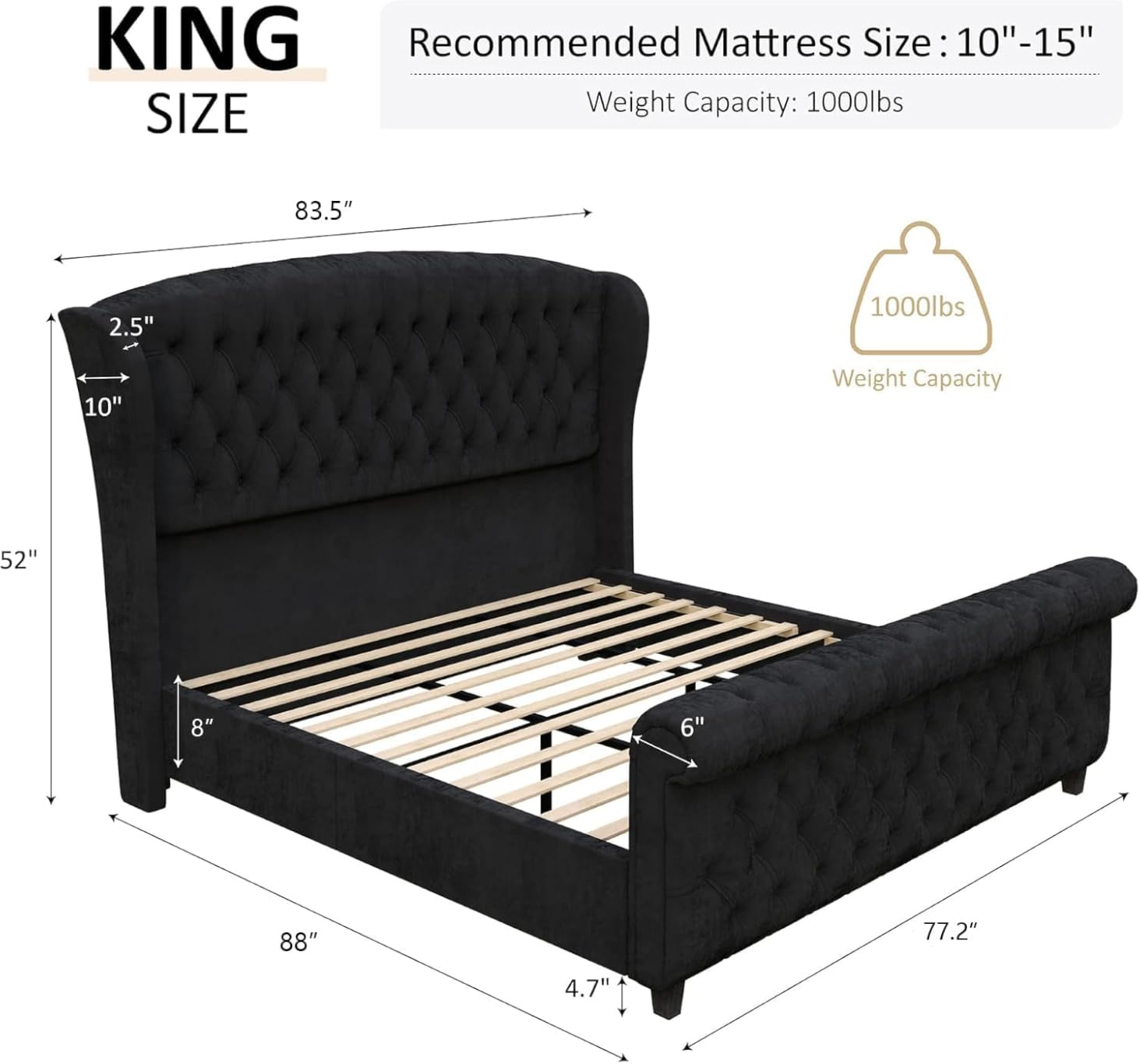 AMERLIFE King Size Upholstered Sleigh Platform Bed Frame with Headboard, Cream Chenille customer photo 1