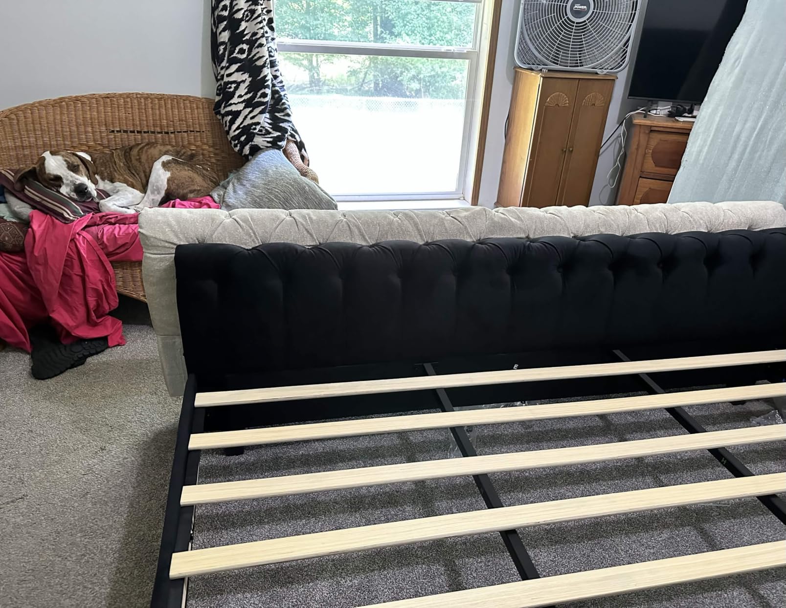 AMERLIFE King Size Upholstered Sleigh Platform Bed Frame with Headboard, Cream Chenille customer photo 2