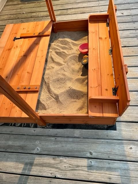 Kids Wooden Sandbox with Cover, Foldable Bench Seats, Retractable Roof, Outdoor Playset, Large Sand Pit with Lid (Natural Wood, Blue & White Striped Canopy, 48 Inch) customer photo 2