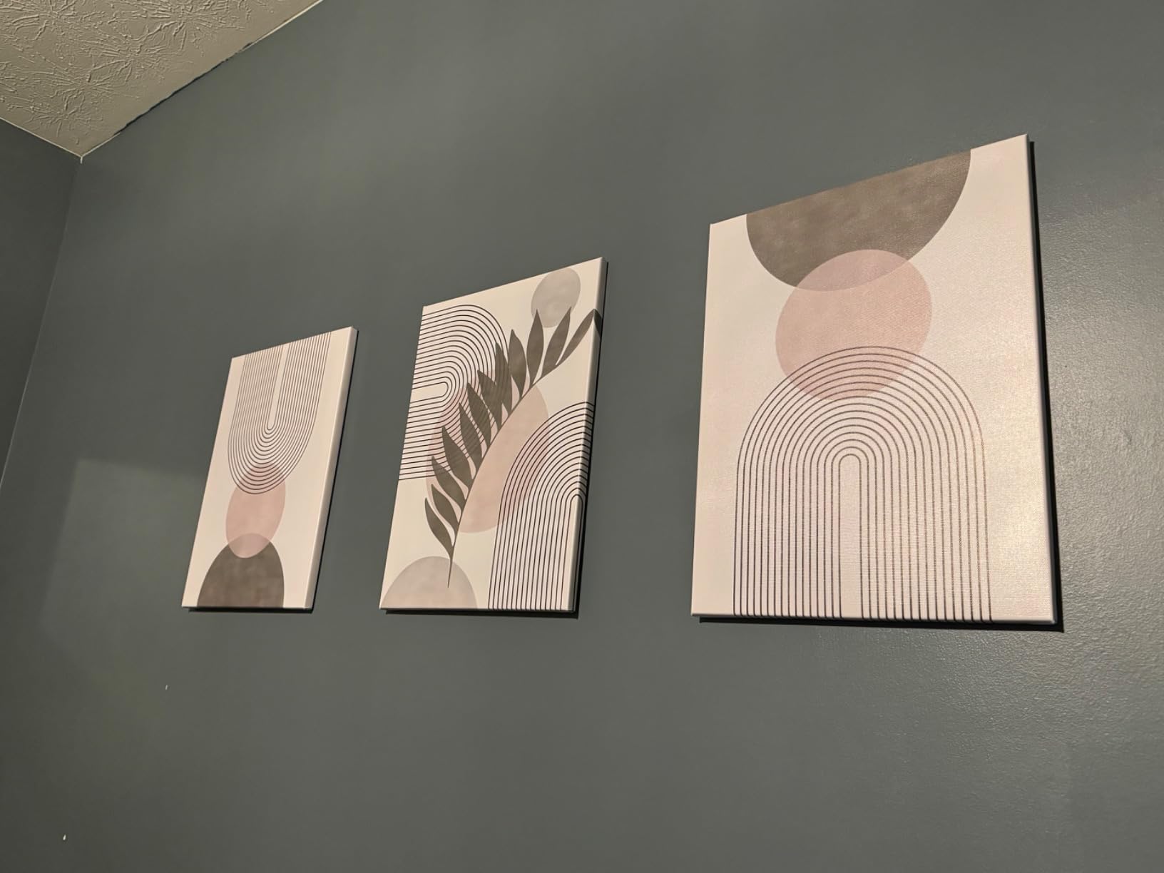 Sage Green Boho Wall Art Set of 3, Minimalist Framed Wall Art Geometric Line Leaf Sun Moon Beige Green Canvas Artwork Paintings, Abstract Botanical Boho Room Decor, Office, 12