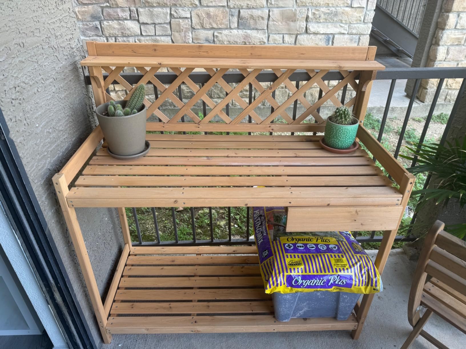 Best Choice Products Outdoor Garden Potting Bench, Wooden Workstation Table w/Cabinet Drawer, Open Shelf, Lower Storage, Lattice Back - Gray customer photo 2