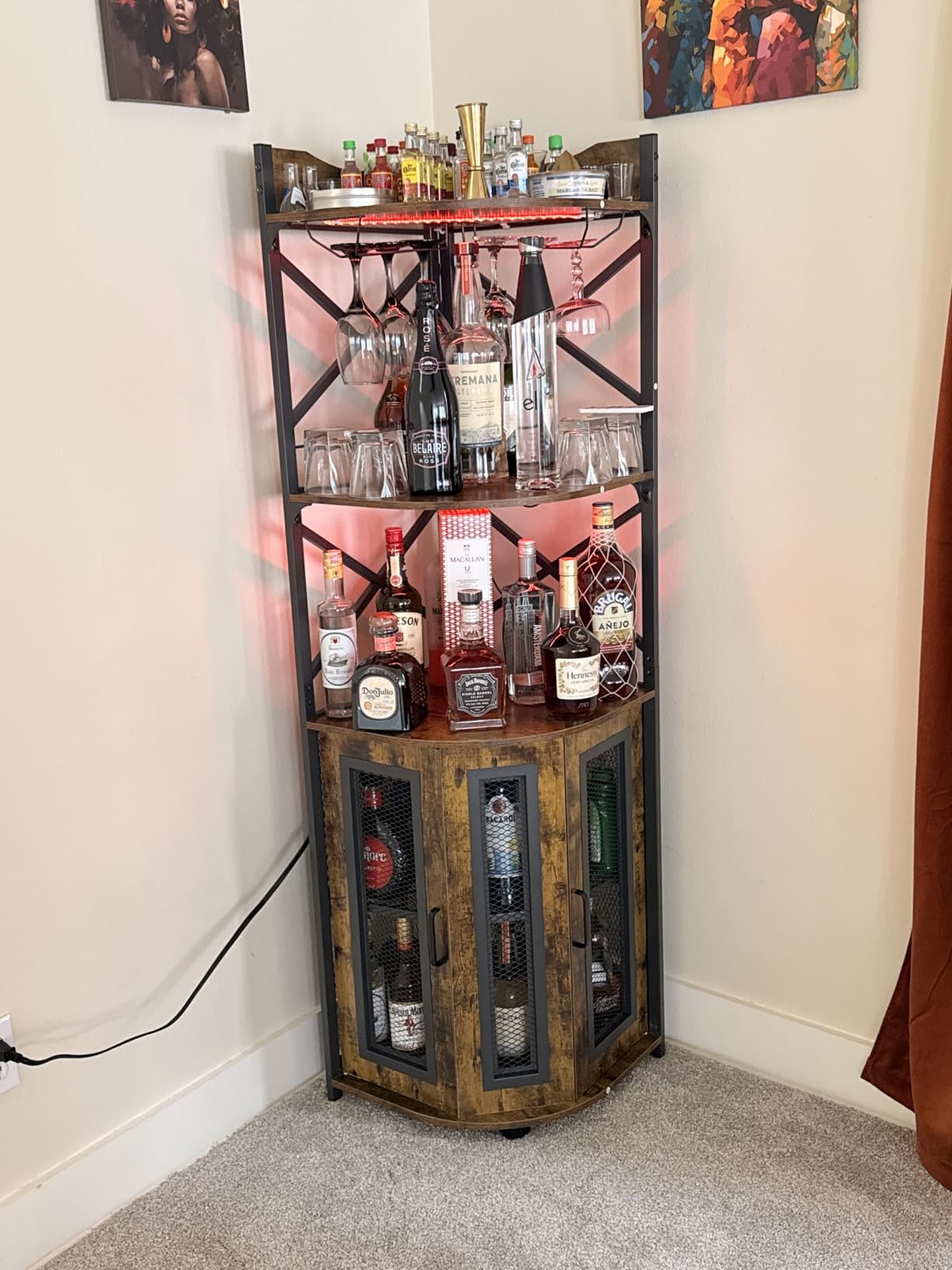 Aheaplus Corner Bar Cabinet with Power Outlet, Industrial Liquor Cabinet | 5-Tiers Wine Cabinet Mini Bar with LED Strip and Glass Holder for Home, Corner Display Cabinet for Small Space, Rustic Brown customer photo 1
