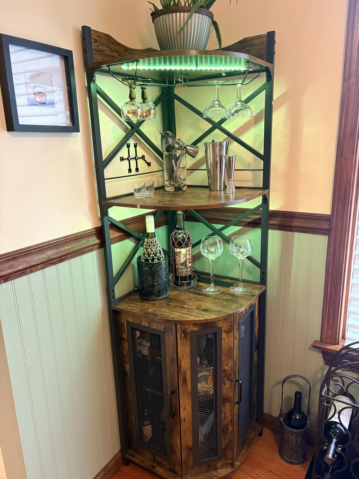 Aheaplus Corner Bar Cabinet with Power Outlet, Industrial Liquor Cabinet | 5-Tiers Wine Cabinet Mini Bar with LED Strip and Glass Holder for Home, Corner Display Cabinet for Small Space, Rustic Brown customer photo 2