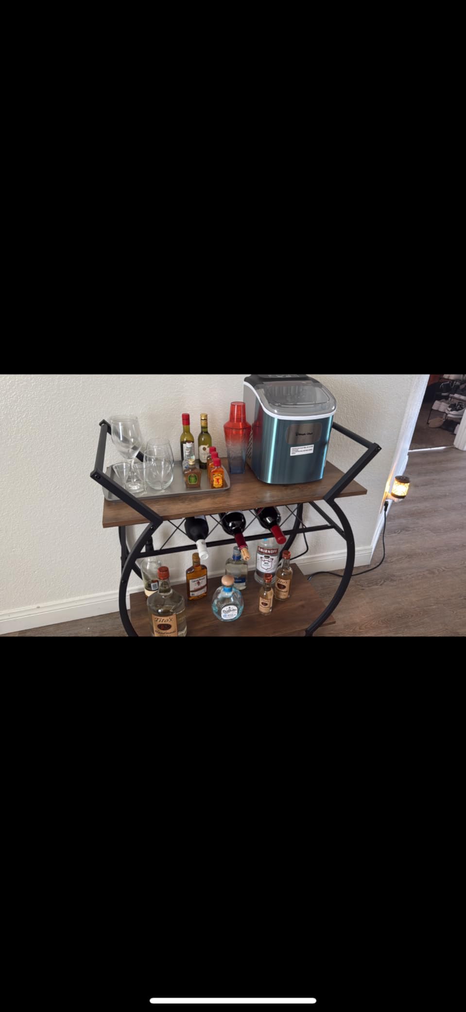 LVB Black Wine Cart with Wheels, Modern Bar Cart with Wine Rack, Industrial Beverage Rolling Kitchen Serving Cart with Storage, Metal Wooden Microwave Drink Liquor Cart for Home Dining Room, Black Oak customer photo 1