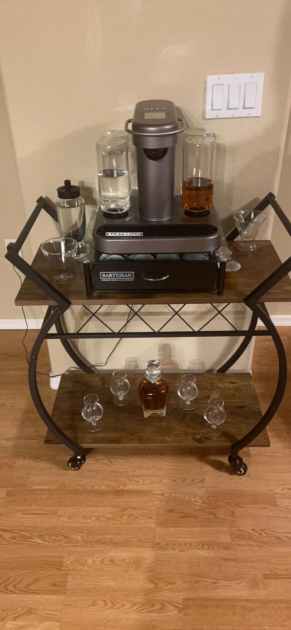LVB Black Wine Cart with Wheels, Modern Bar Cart with Wine Rack, Industrial Beverage Rolling Kitchen Serving Cart with Storage, Metal Wooden Microwave Drink Liquor Cart for Home Dining Room, Black Oak customer photo 2