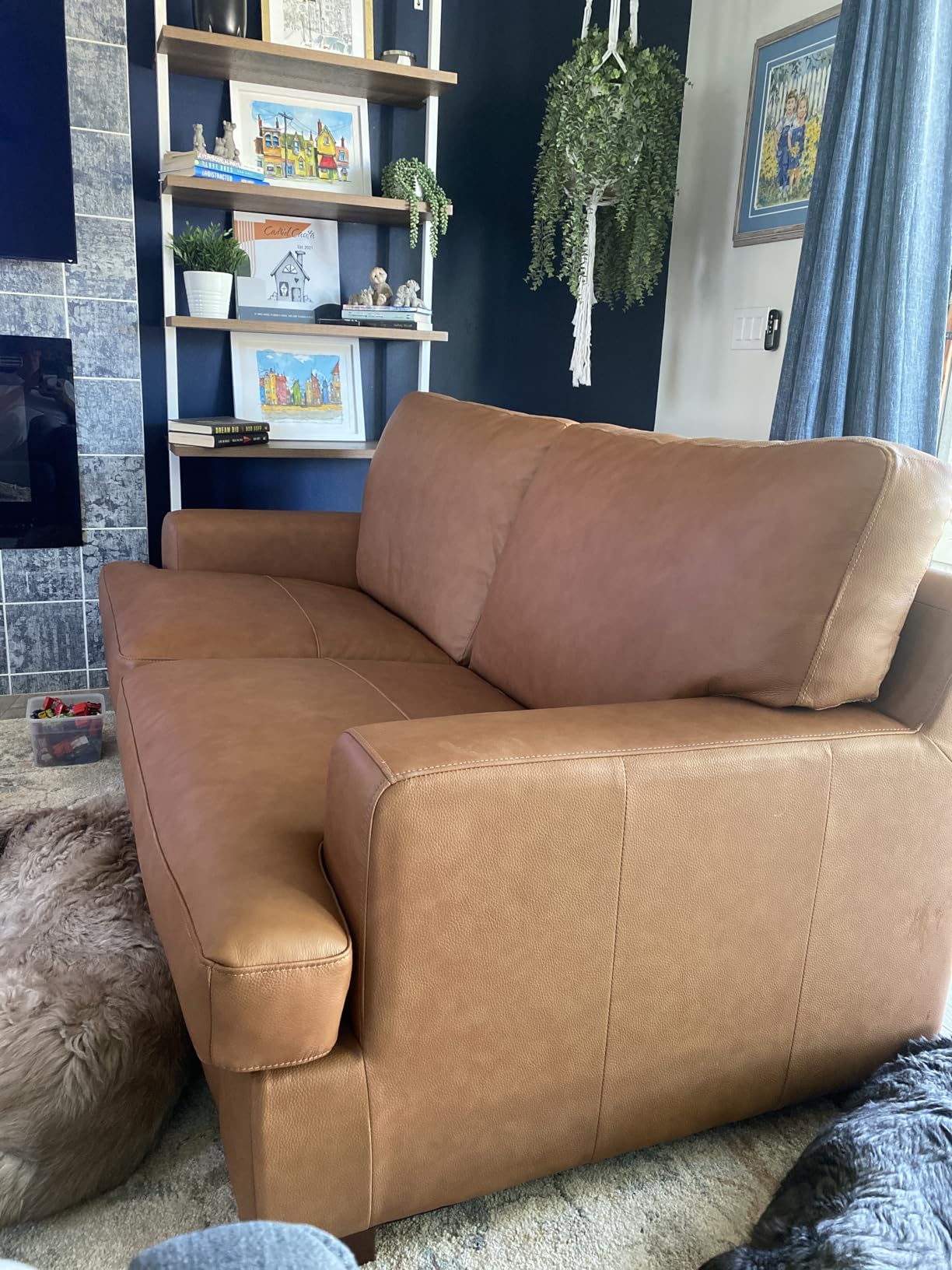 Naomi Home Siggy Genuine Leather Modern Loveseat, Tan | Sink Into Plush Down-Filled Padding That Gently Cradles You, Then Fluffs Back Into Shape For Lasting Comfort Year After Year customer photo 2