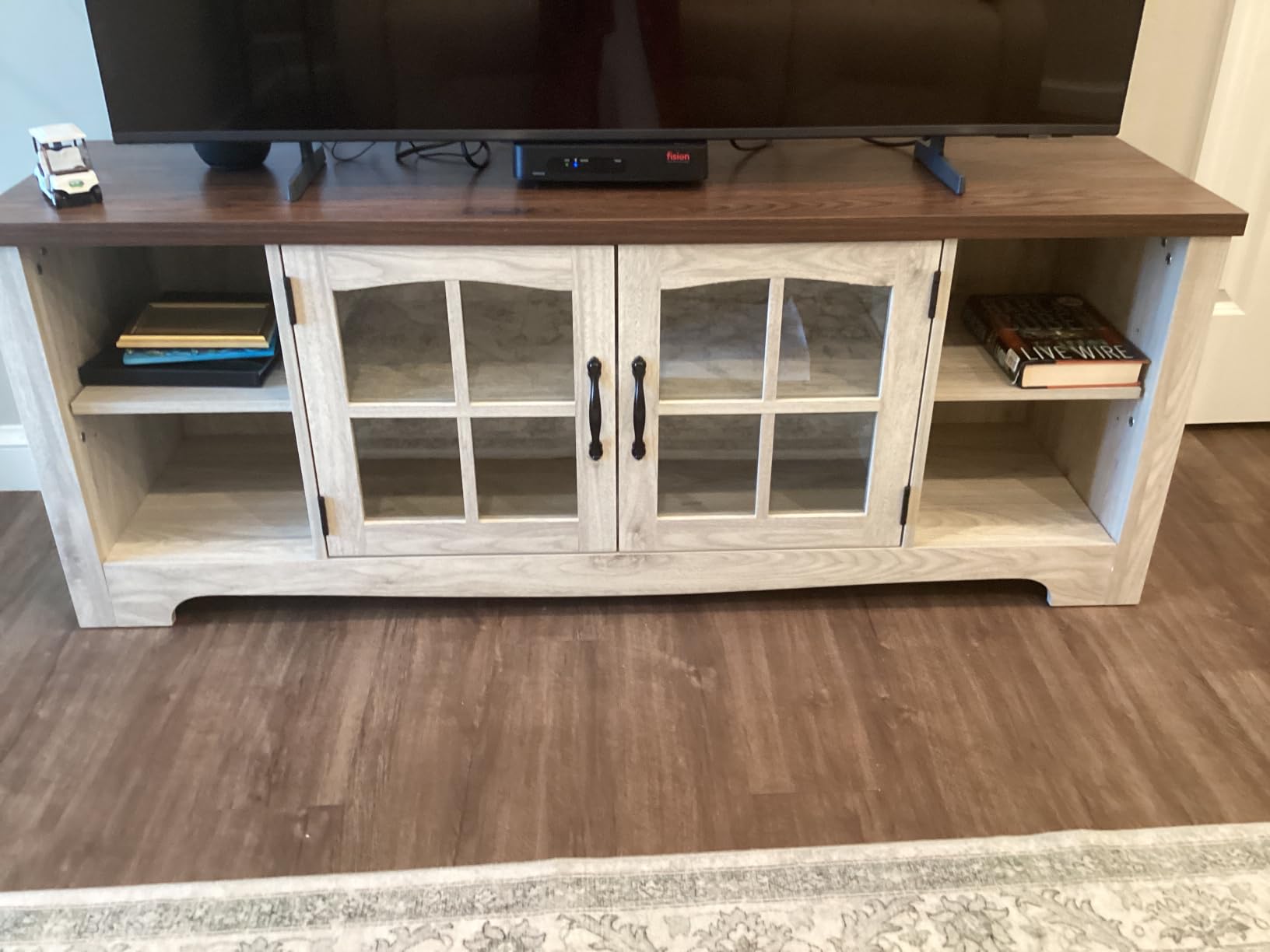 LINSY HOME Farmhouse TV Stand for 65 Inch TV, Wood Entertainment Center with Glass Door Storage Cabinet & Adjustable Shelves, Large Sturdy TV Console Table for Living Room Bedroom customer photo 1