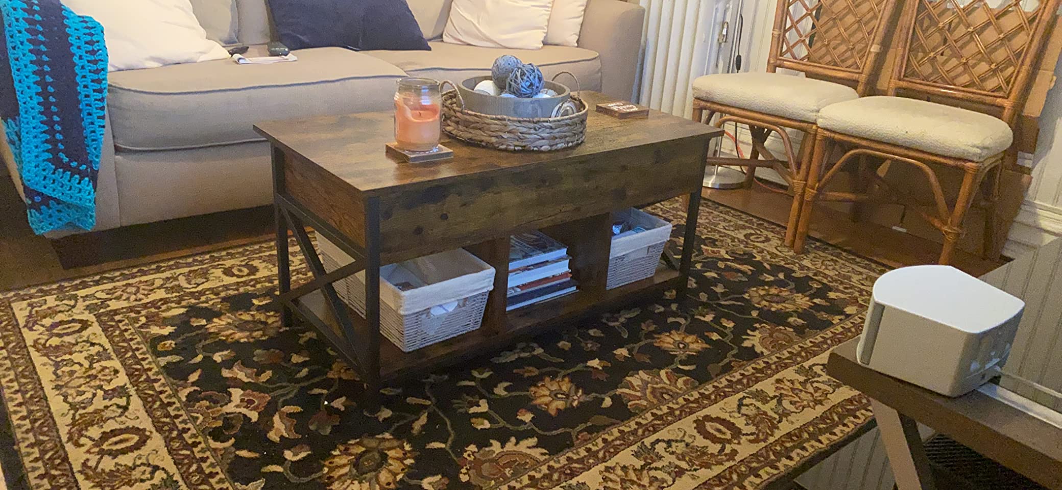 VASAGLE Lift Top Coffee Table, Lift Coffee Table with Storage Shelf, Hidden Compartments and Lifting Top, for Living Room, Office, 19.7 x 47.2 x (19.3-24.4) Inches, Rustic Brown and Black ULCT212B01 customer photo 2