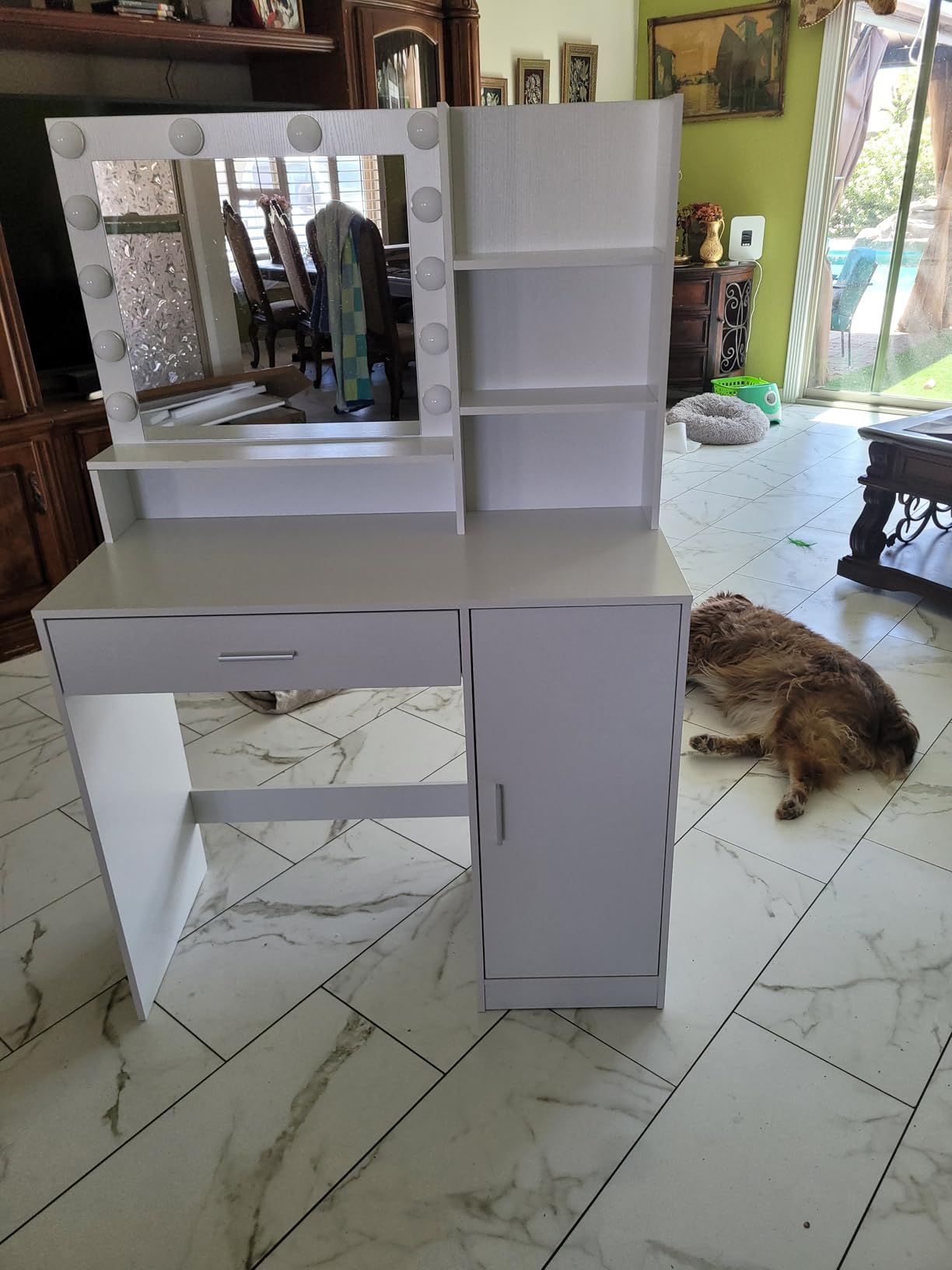 Palimder Vanity Desk with Mirror and Light, Large Drawer and Three Level Storage Dresser, 3 Lighting Modes Adjustable Brightness, Bedroom Dressing Table (White) customer photo 2