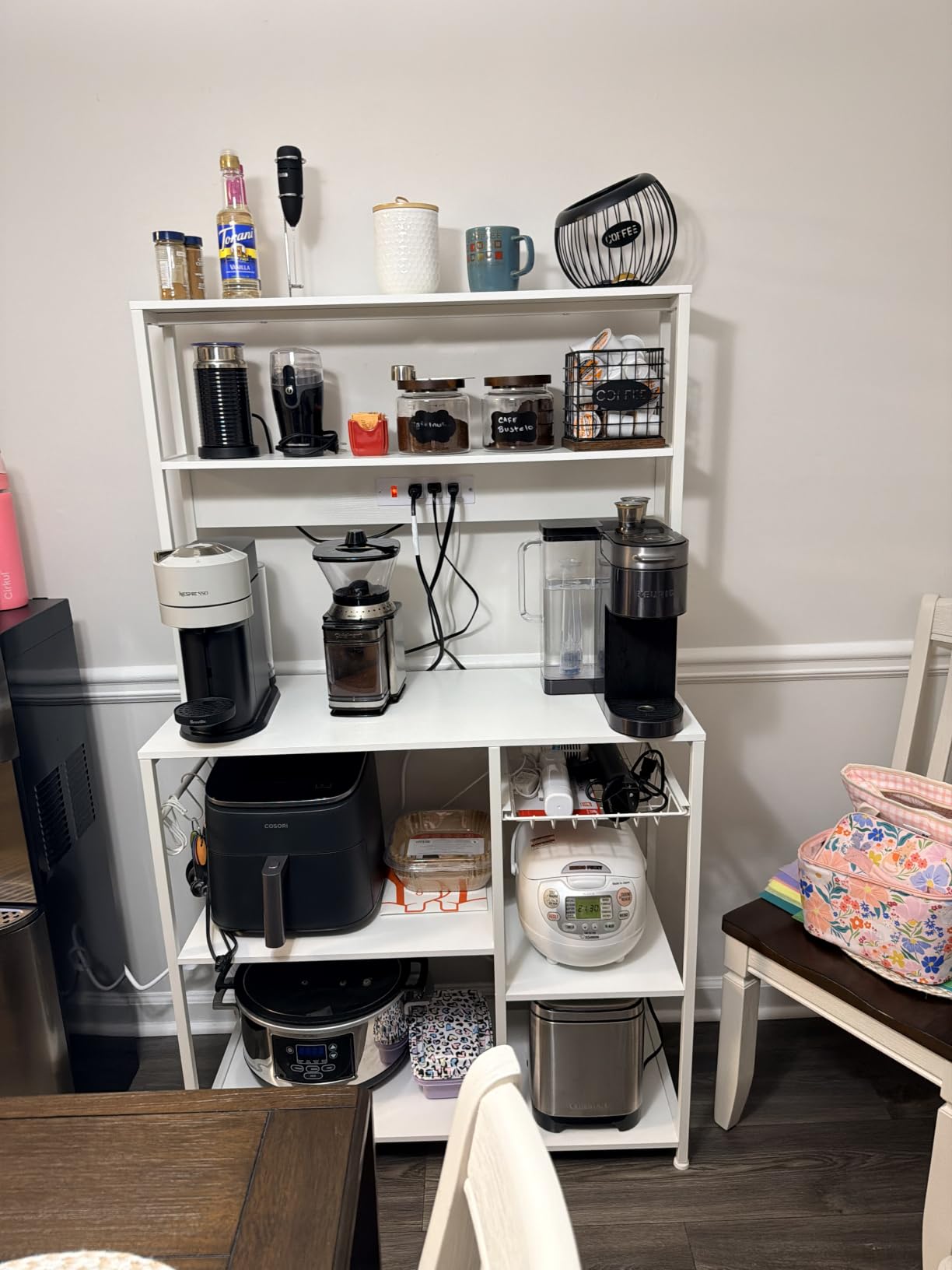 SUPERJARE Bakers Rack with Power Outlet, 35.4 Inches Coffee Bar with Basket | Kitchen Microwave Stand with 6 S-Shaped Hooks, Open Storage Shelves, Rustic Brown customer photo 1