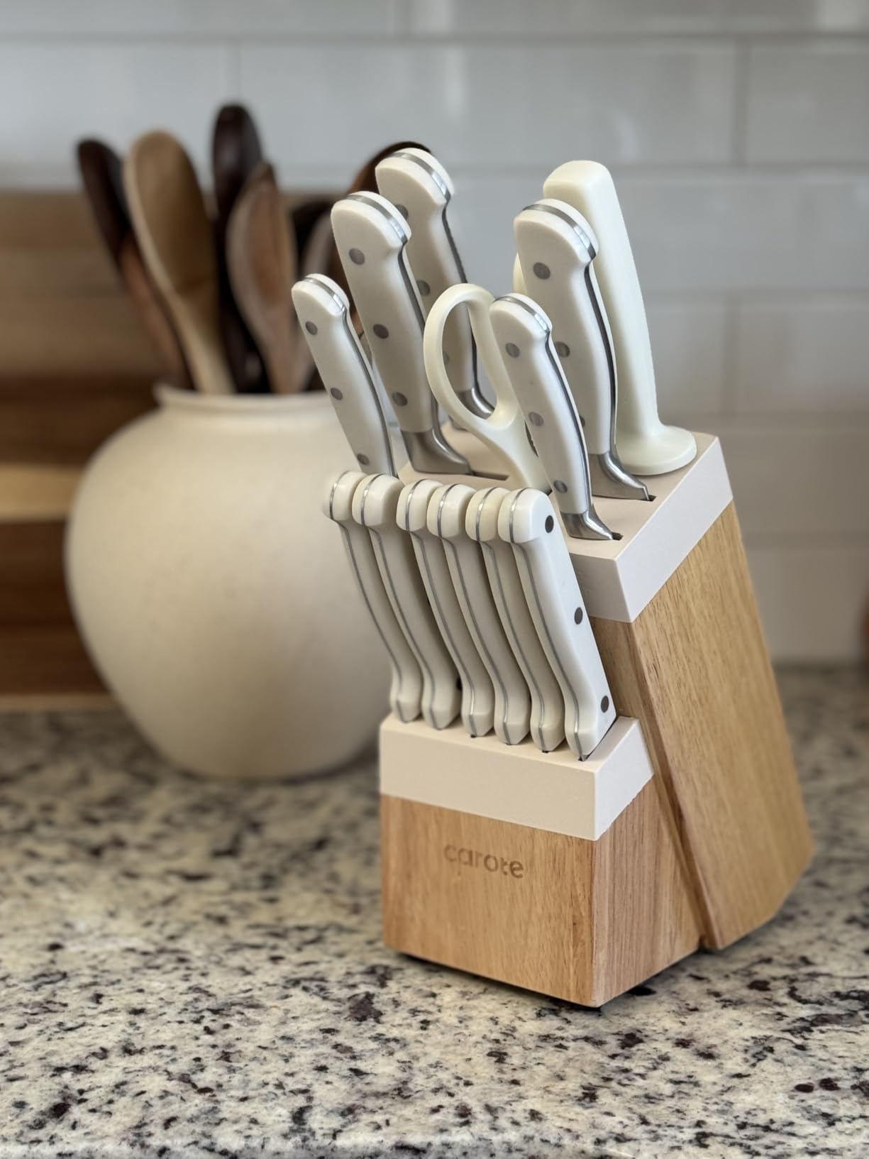 CAROTE 14-Piece Knife Set with Wood Block, Rust-Resistant, Cream | Razor-Sharp High Carbon Stainless Steel Knives, Long-Lasting Sharpness, Forged, Triple-Riveted Ergonomic Non-Slip Handles customer photo 2