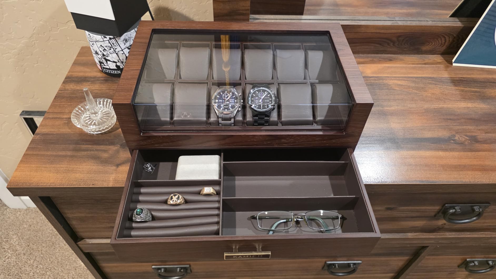 KAMIER High End Watch Box for Men, 12 Slot Wooden Watch Case With Drawer, 2-Layer Watch Holder customer photo 1