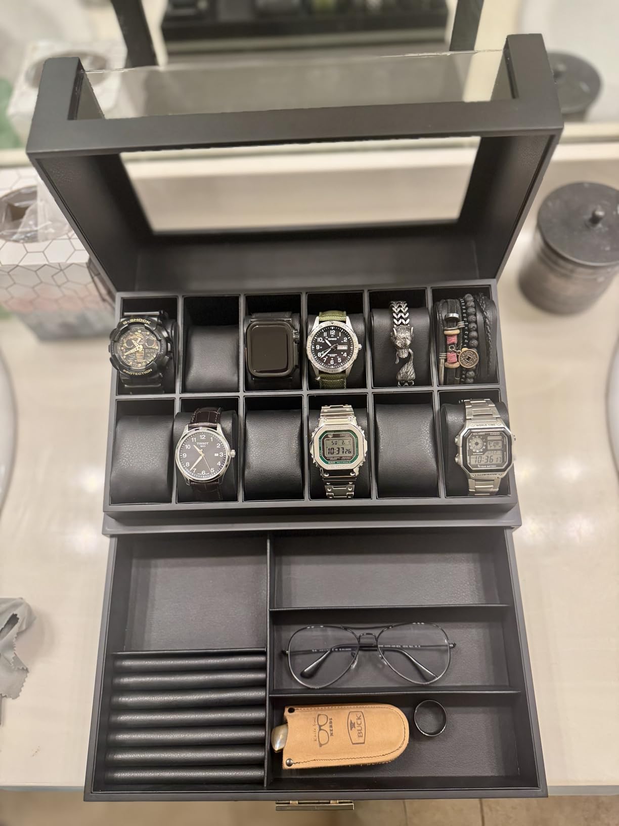 KAMIER High End Watch Box for Men, 12 Slot Wooden Watch Case With Drawer, 2-Layer Watch Holder customer photo 2