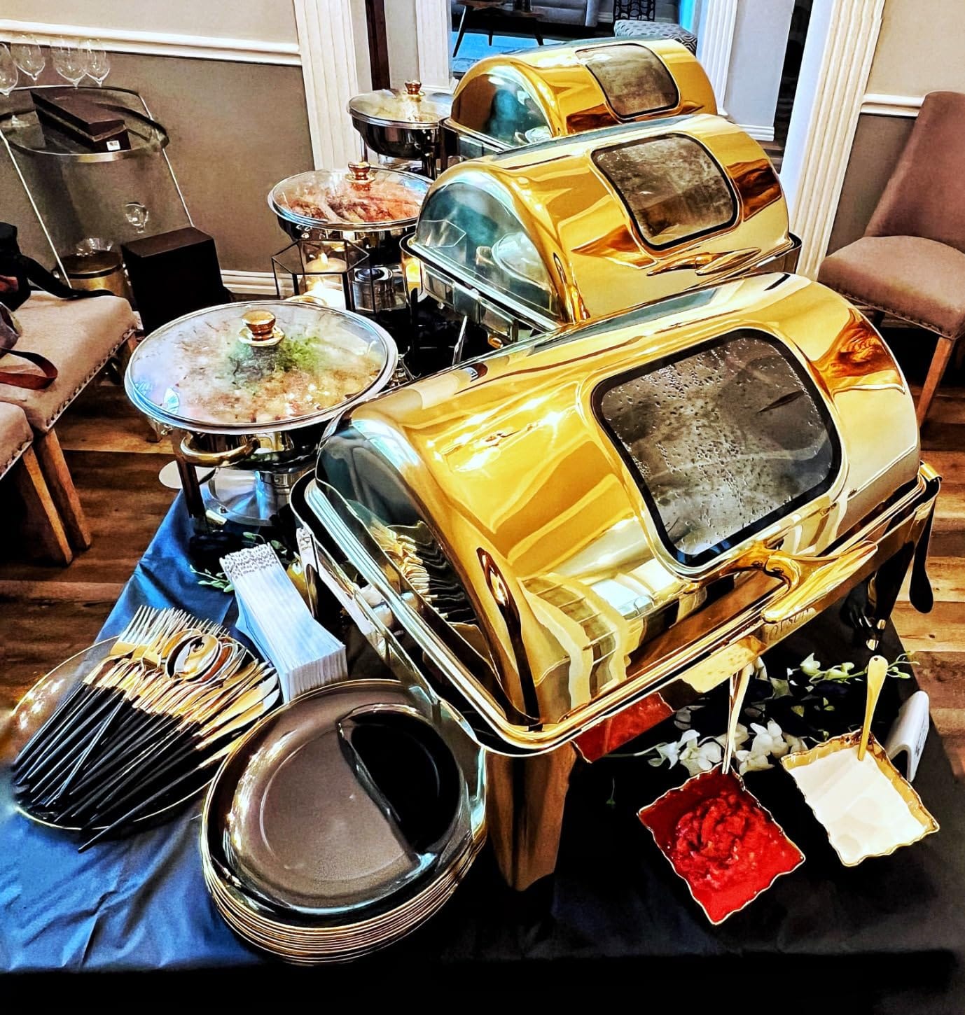 ROVSUN 9QT 3 Pack Roll Top Chafing Dish Buffet Set, Rectangular NSF Stainless Steel Buffet Warmer Chafers with Thick Frame for Catering Events Parties Weddings Dinners, Gold customer photo 2