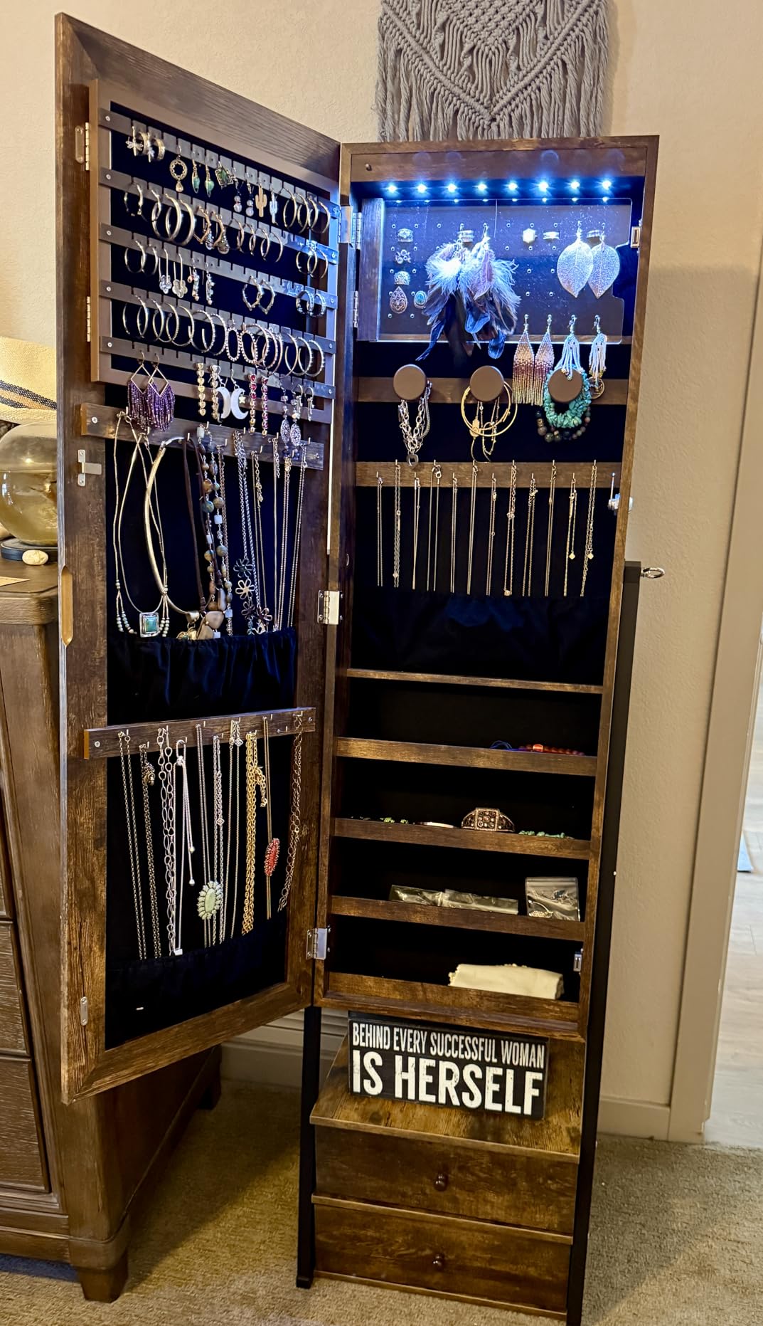 Nicetree Jewelry Cabinet Armoire with 2 Drawers, Lockable Standing Jewelry Mirror Cabinet, Full Length Mirror with Jewelry Storage, Rustic Brown customer photo 2