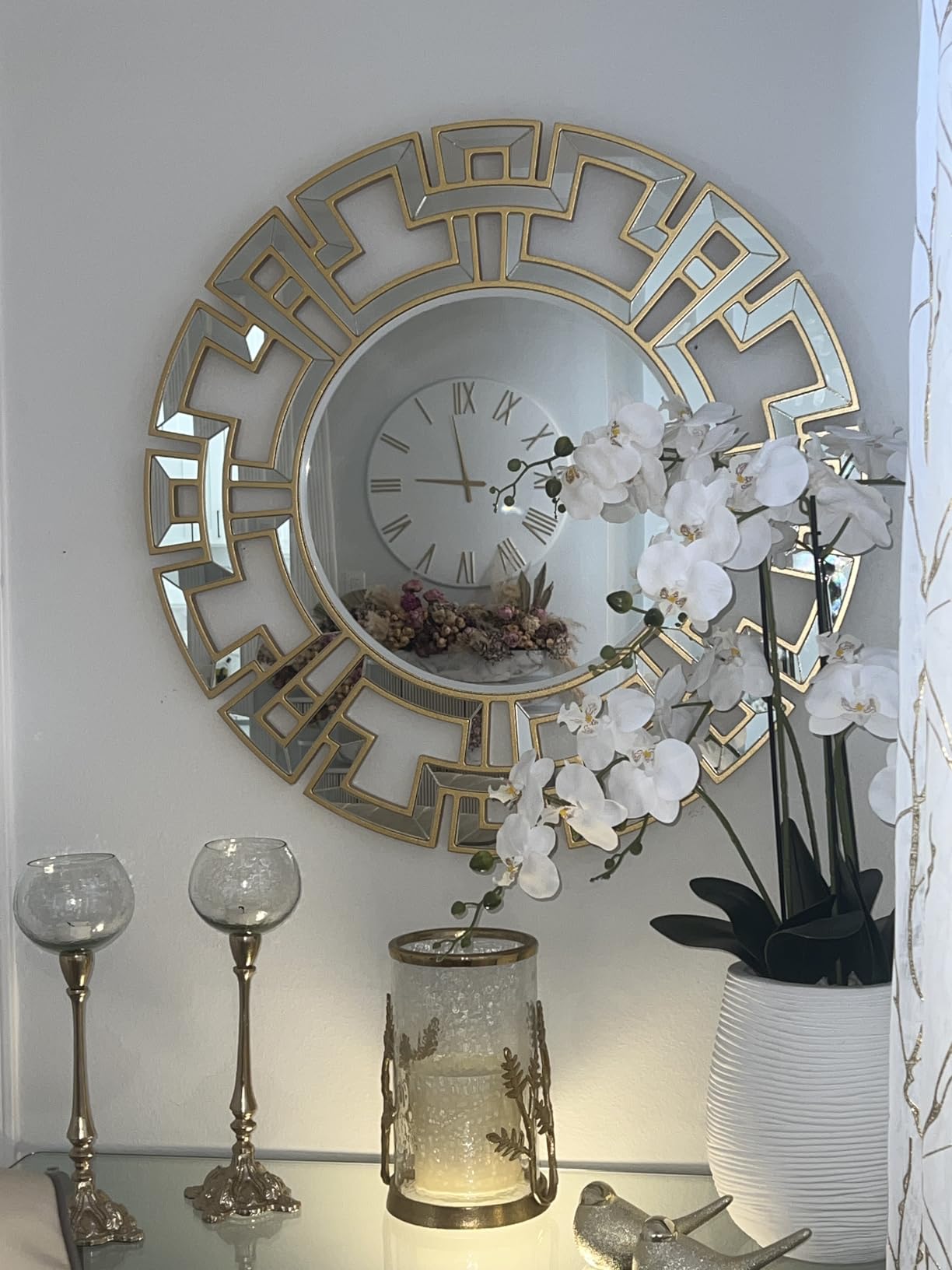 Chende Gold Mirrors for Decor, 32'' Round Wall Mirror with Beveled Glass Frame, Modern Decorative Mirror with Wood Frame for Living Room, Entryway, Dining Room, Bathroom customer photo 1