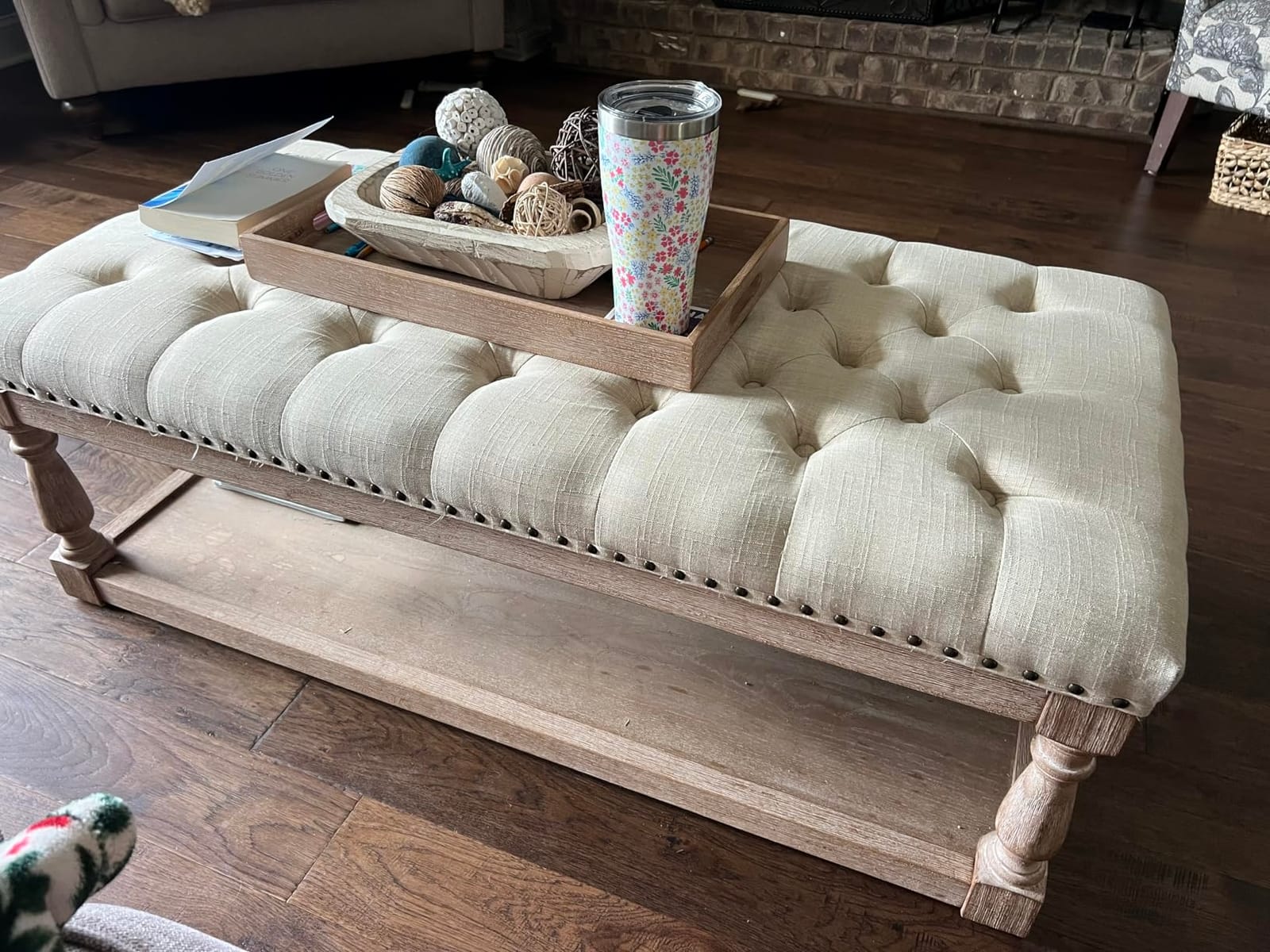 HULALA HOME Storage Tufted Ottoman Coffee Table with Solid Wood Legs, Blue | with Tray & Shelf, Button Tufted Top Upholstered, Large Rectangle Cocktail Ottoman for Living Room Bedroom customer photo 1