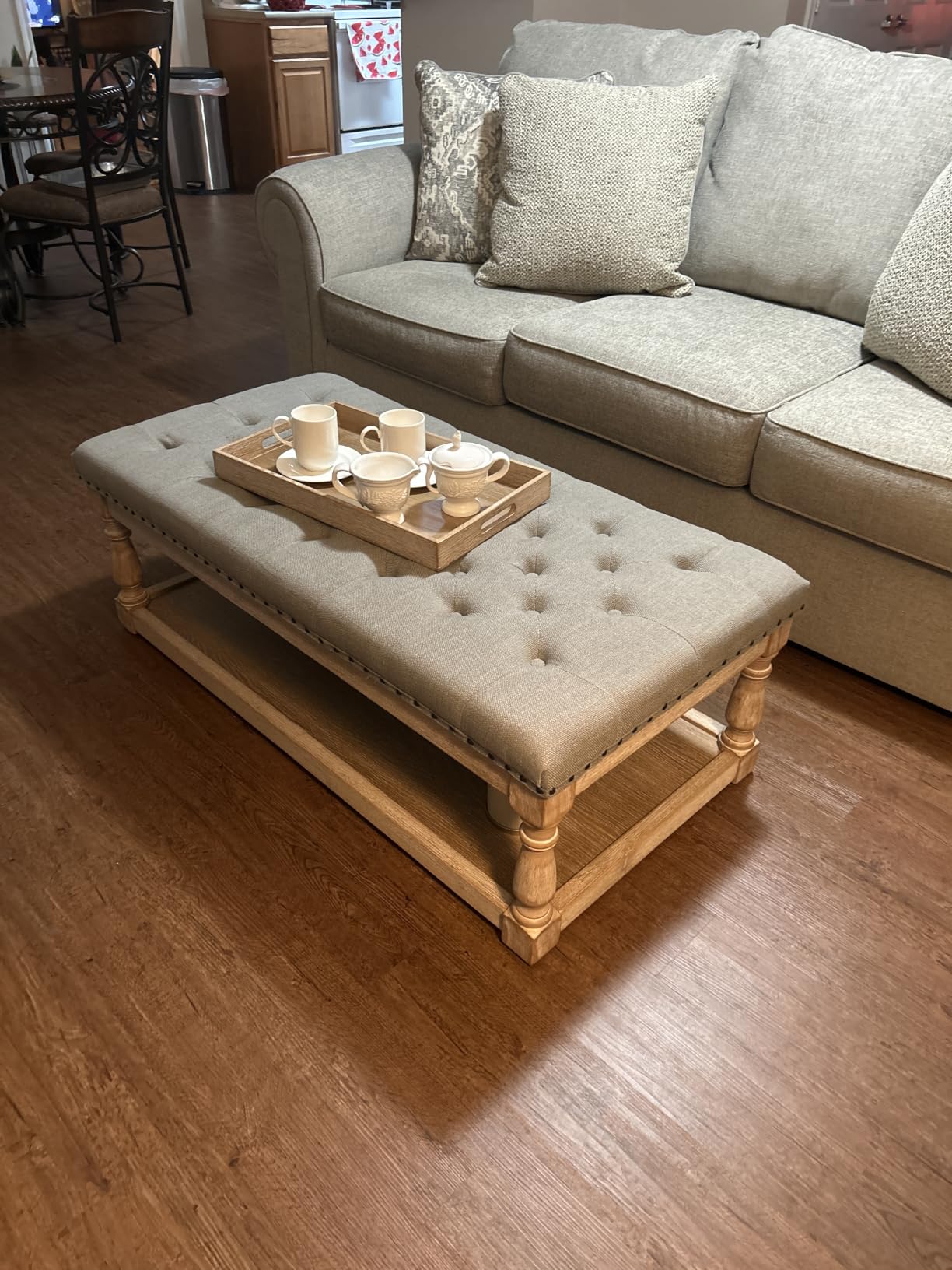 HULALA HOME Storage Tufted Ottoman Coffee Table with Solid Wood Legs, Blue | with Tray & Shelf, Button Tufted Top Upholstered, Large Rectangle Cocktail Ottoman for Living Room Bedroom customer photo 2