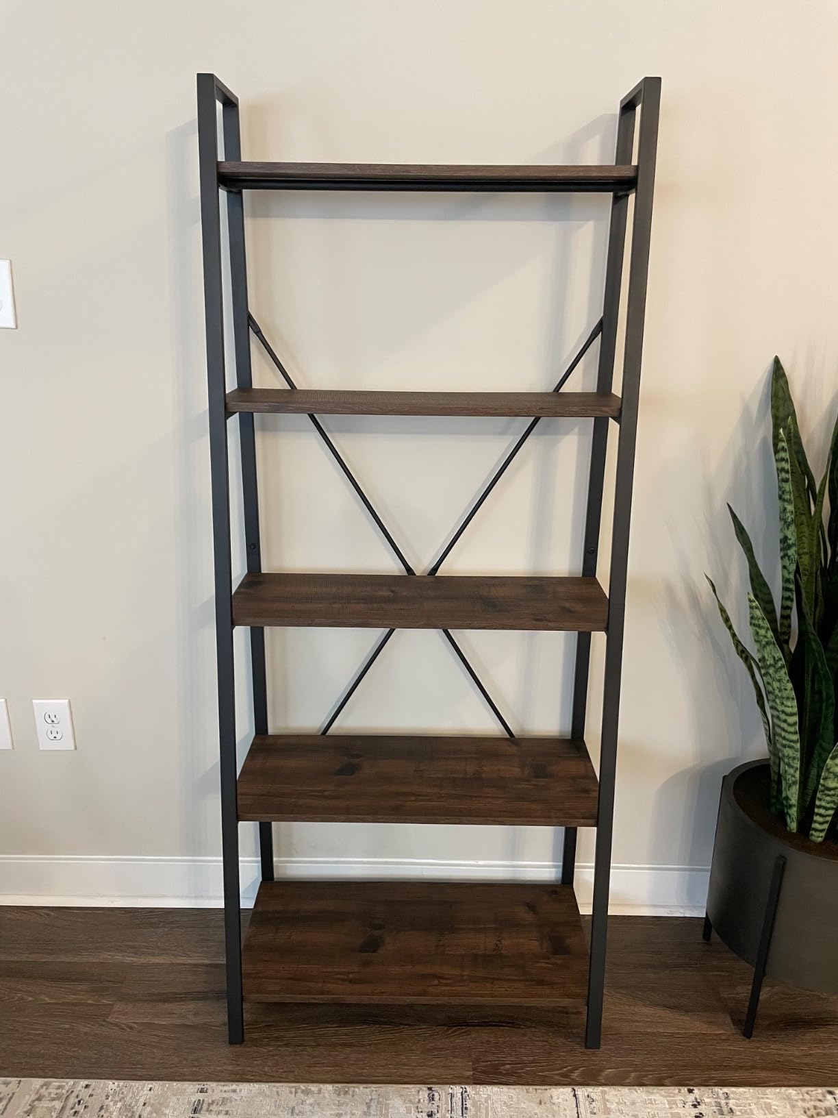 BON AUGURE Ladder Shelf Bookcase, 5-Tier Industrial Ladder Bookshelf, Tall Living Room Shelves, Wood and Metal Leaning Shelf for Home Office, Kitchen, Bedroom, Balcony (Rustic Oak) customer photo 1