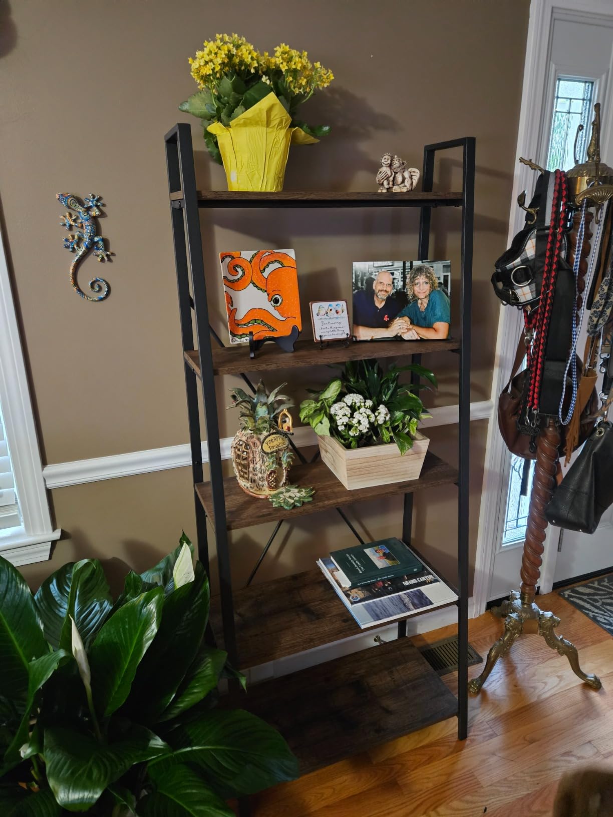 BON AUGURE Ladder Shelf Bookcase, 5-Tier Industrial Ladder Bookshelf, Tall Living Room Shelves, Wood and Metal Leaning Shelf for Home Office, Kitchen, Bedroom, Balcony (Rustic Oak) customer photo 2
