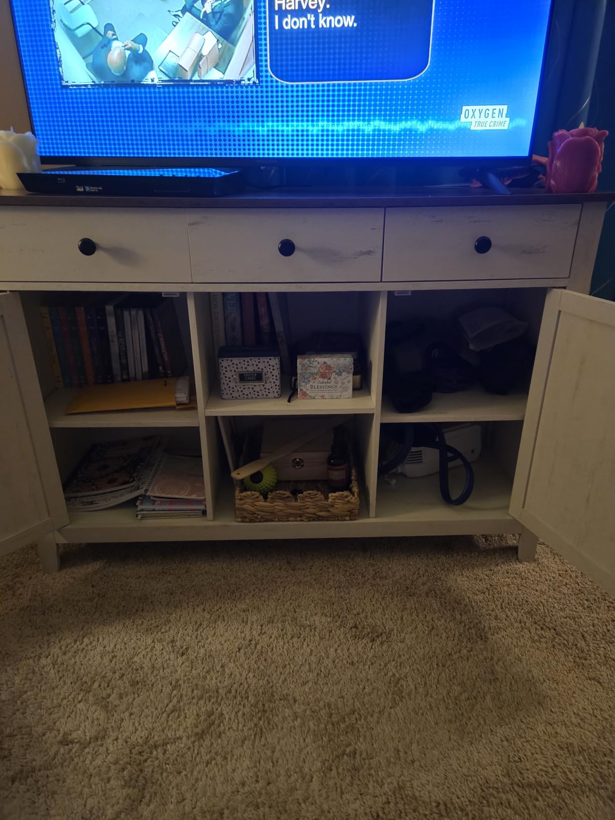 VASAGLE Buffet Cabinet, Coffee Bar with a Drawer, Adjustable Shelf | Sideboard Storage with Cable Hole, Drawer Divider, Rustic White and Honey Brown, LIRY Collection UBBK341W01 customer photo 2
